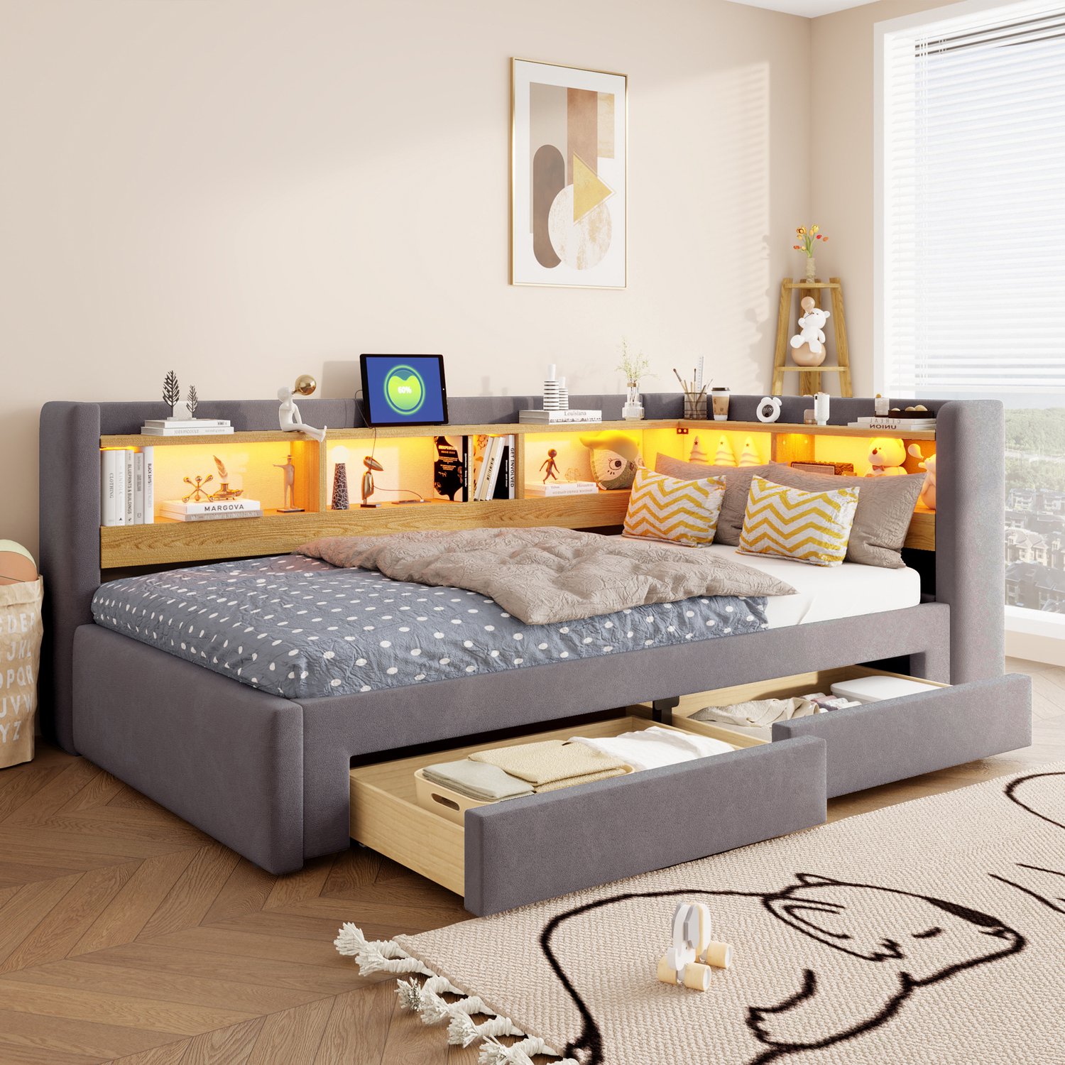 HAUSS SPOLE Slaapbank 90x200 cm - Uitschuifbaar tot 180x200 cm - Met Lades en Opbergruimte - Zonder Matras - Stof - Grijs