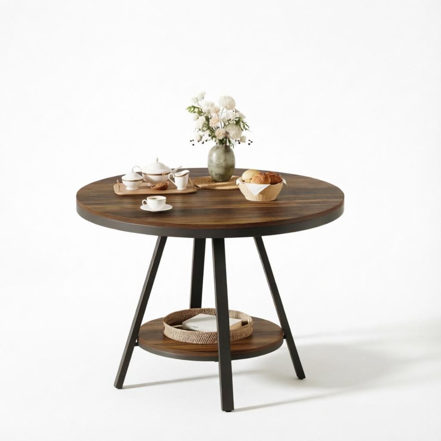REDOM Ronde eettafel 90 cm - Met metalen poten en onderste legplank - Rustiek bruin/zwart Rustiek bruin en zwart