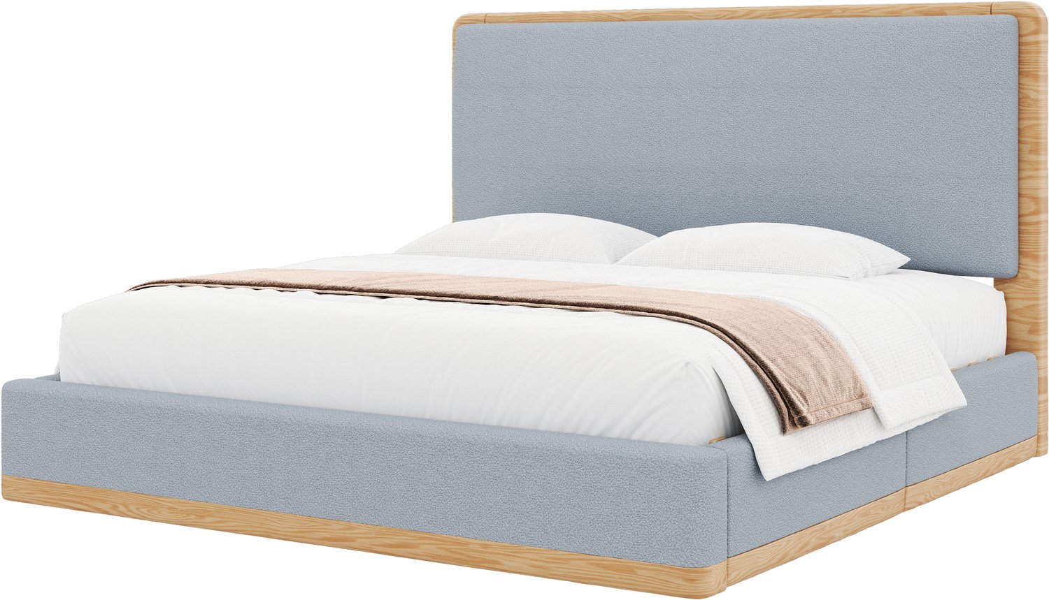 REDOM Gestoffeerd bed 140x200 cm - Met hoofdbord en lattenbodem - Grijs/naturel houtkleur