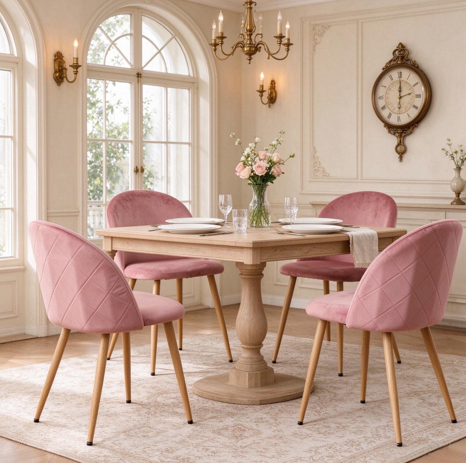 HAUSS SPOLE Eetkamerstoelen - Set van 4 - Zachte Zitting en Gebogen Rugleuning - Voor Eetkamer en Woonkamer - Fluweel en Metaal - Roze