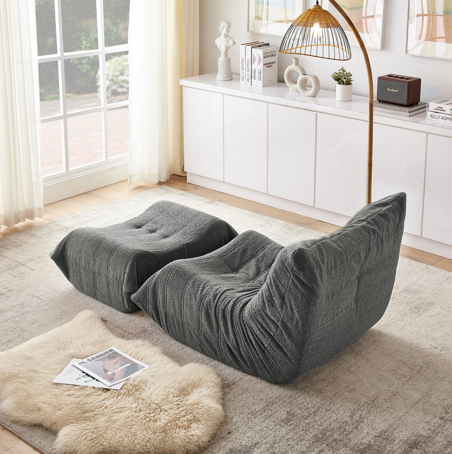 MEUNIQ Zitzakstoel met rugleuning en voetenbank, 100 x 90 x 70 cm, grijze teddy stof en schuimvulling, loungefauteuil voor woonkamer of slaapkamer Grijs