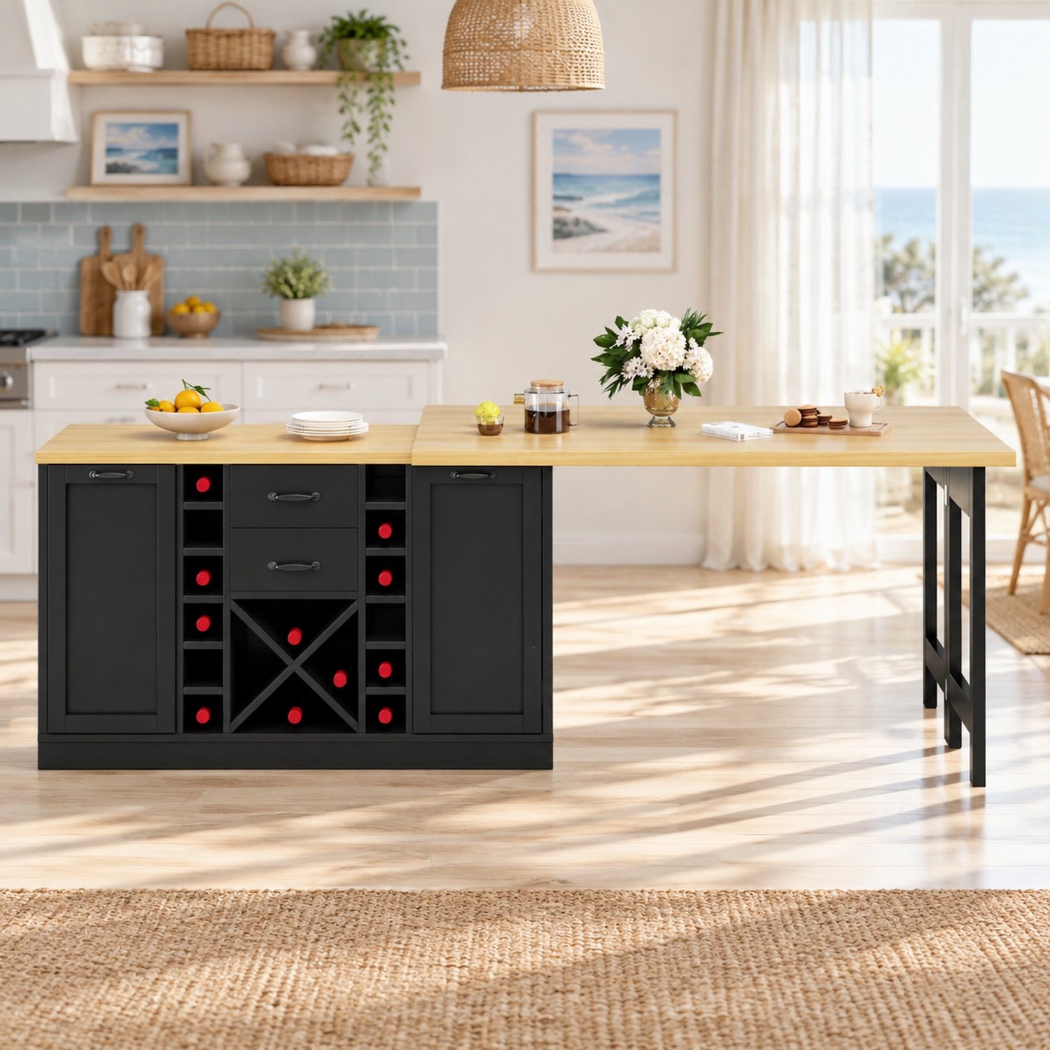 Wishdor Draaibaar keukeneiland - Tweedelig tafelblad met 360° draaifunctie - Eettafel en opbergruimte met lades wijnrek en afvalbakhouder - Keuken eetkamer - MDF en metaal - Zwart - 120–223 x 40 x 73,8 cm Zwart en licht houtkleurig