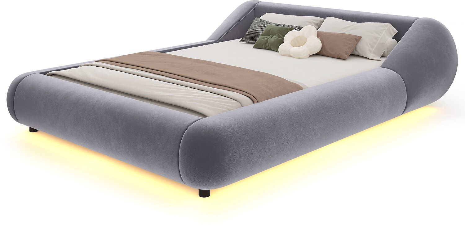 REDOM Gestoffeerd bed 140x200 cm - Omhullend hoofdbord, lattenbodem en LED-verlichting - Grijs
