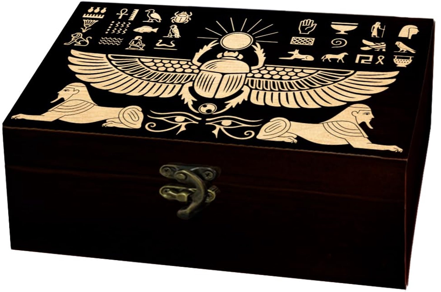 Houten Herinneringsdoos met Egyptisch Thema en Hiërogliefen