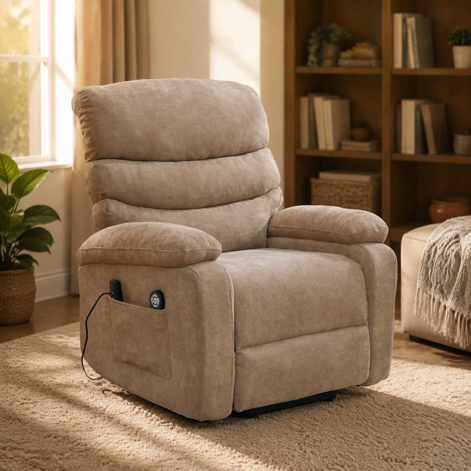 MEUNIQ Elektrische relaxfauteuil met sta-op-functie, massage en warmte, verstelbare rugleuning en voetensteun, chenille bekleding, Taupe