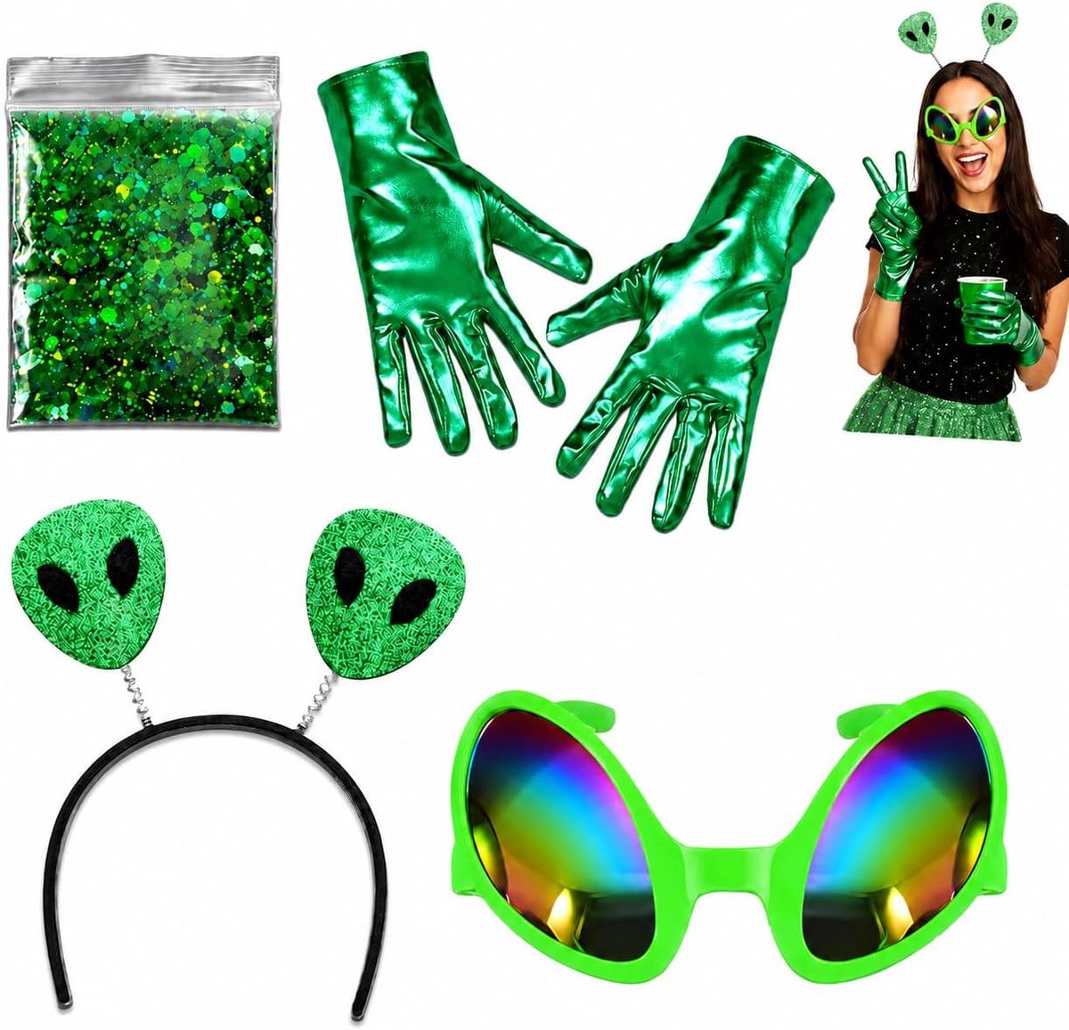 Bril Martian antenne, 4 stukken ruimte hoofdbanden Alien accessoire set stukken alien glazen met stukken Mars antenne hoofdband bal voor partij accessoires