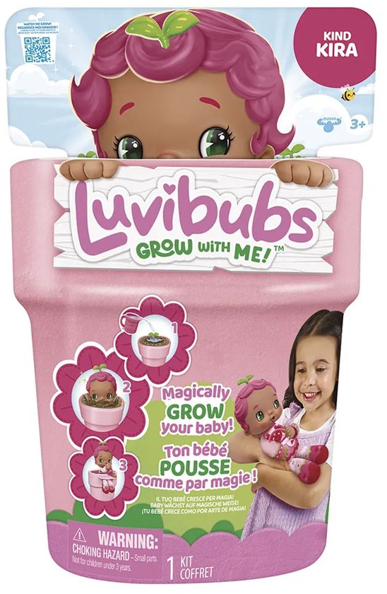 Verpakking van de "Kira" Luvibubs speelset, met roze pot, pop en illustraties van het groeiproces.