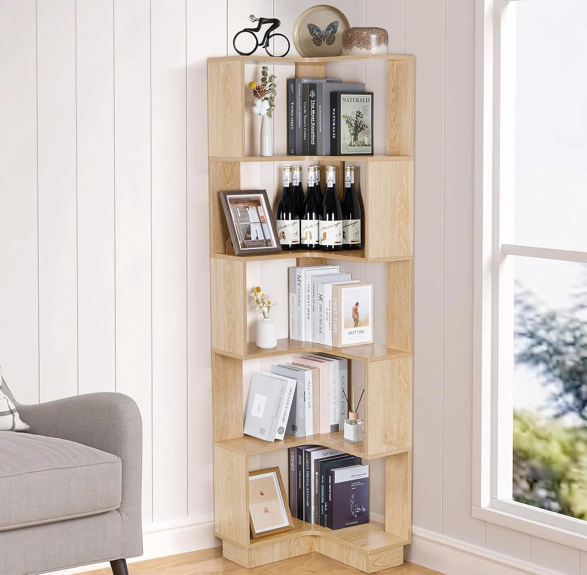 bimiti Boekenkast van hout, 6 lagen, 175 cm hoog, grote hoekplank, opbergplank voor woonkamer, huis, kantoor