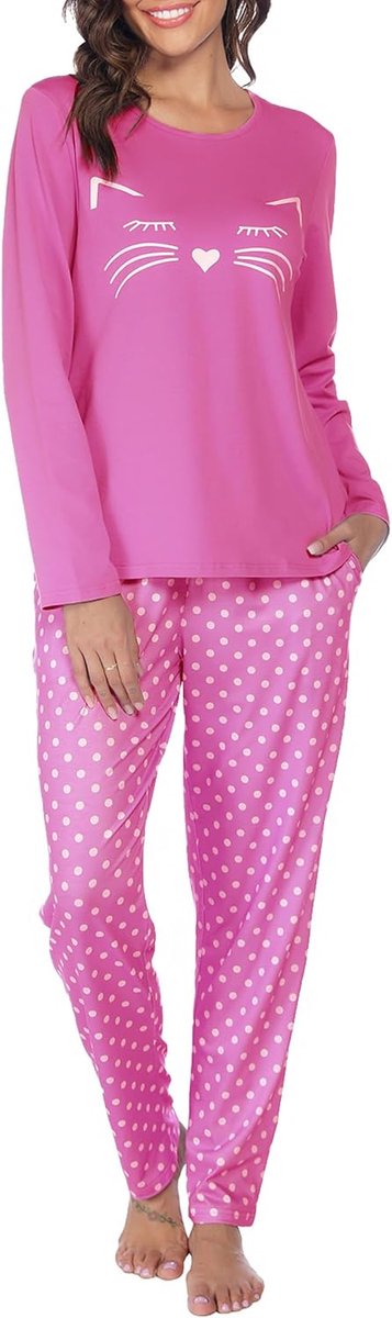 Pyjama Dames Lange Pyjama Katoenen Winter Pyjama Set Ronde Hals Top en Pyjamabroek Lange Mouwen Loungewear Nachtkleding Huispak Gezellig Vrijetijdspak