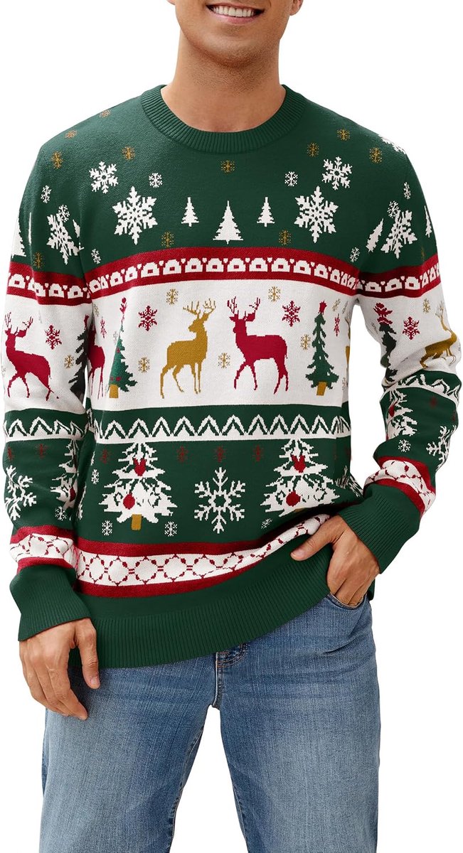 Kersttrui, voor dames, heren en kinderen, grappige kersttrui, lelijke kersttrui, met ronde hals, gebreid, met rendieren, uniseks, familieset