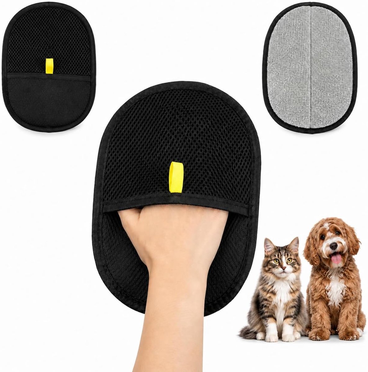 Set van 3, 2-in-1 voor hond en kat, kattenhaarverwijderingshandschoen, vachtverzorgingshandschoen kat & pluisborstel voor kleding, bank, tapijt en meubels, wasbaar