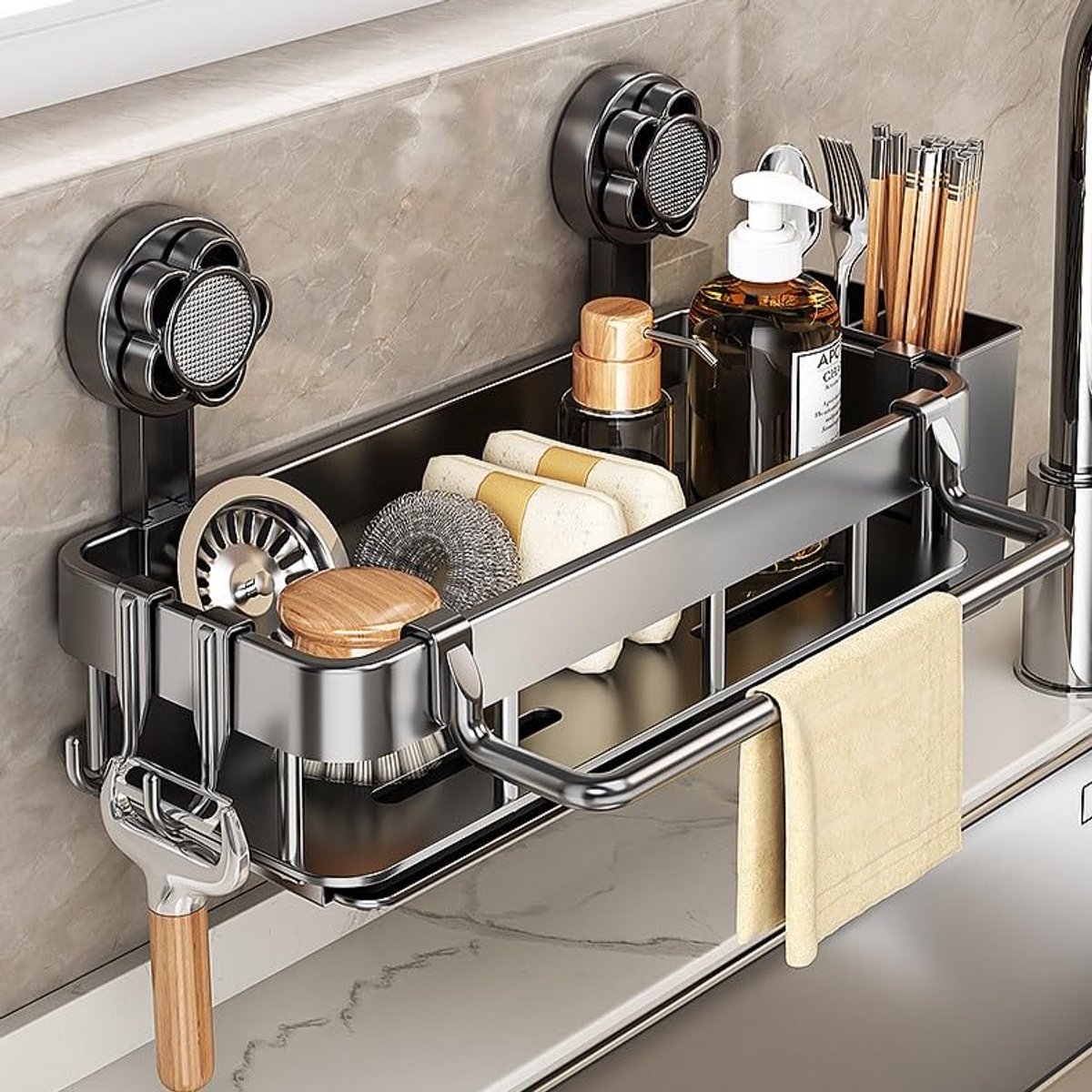 Famanu – Spoelbakorganizer, keukengootsteenorganizer, sponshouder met afwasborstelhouder en theedoekhouder, hangend met afneembare lekbak zonder boren, voor keukenwerkbladen (zuignap)