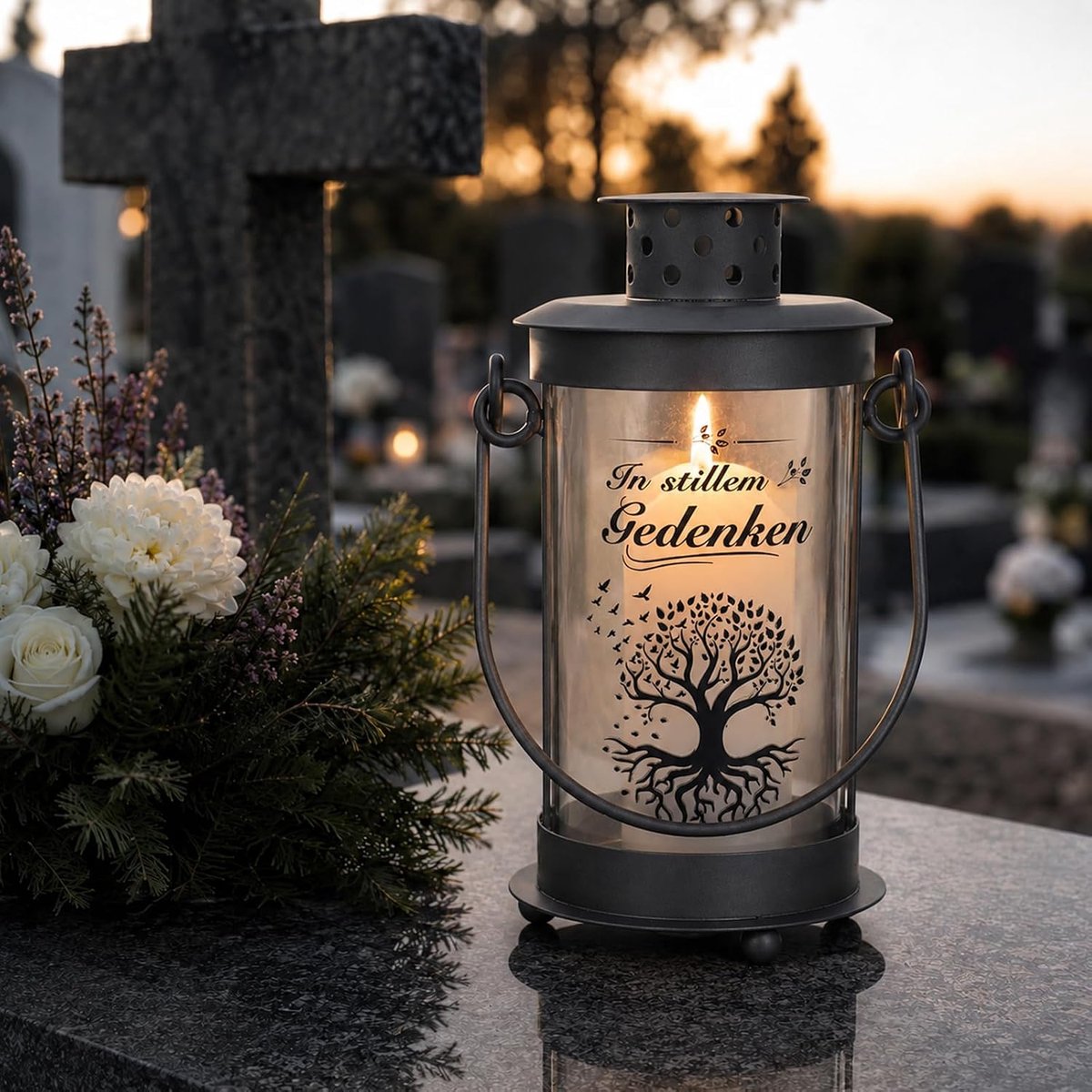 Grafdecoratie weerbestendig graflantaarn met sokkel begraafplaats lantaarns voor buiten 17 cm handvat met 2 vellen stickers begraafplaats lantaarn graflicht windlicht ter herdenking aan