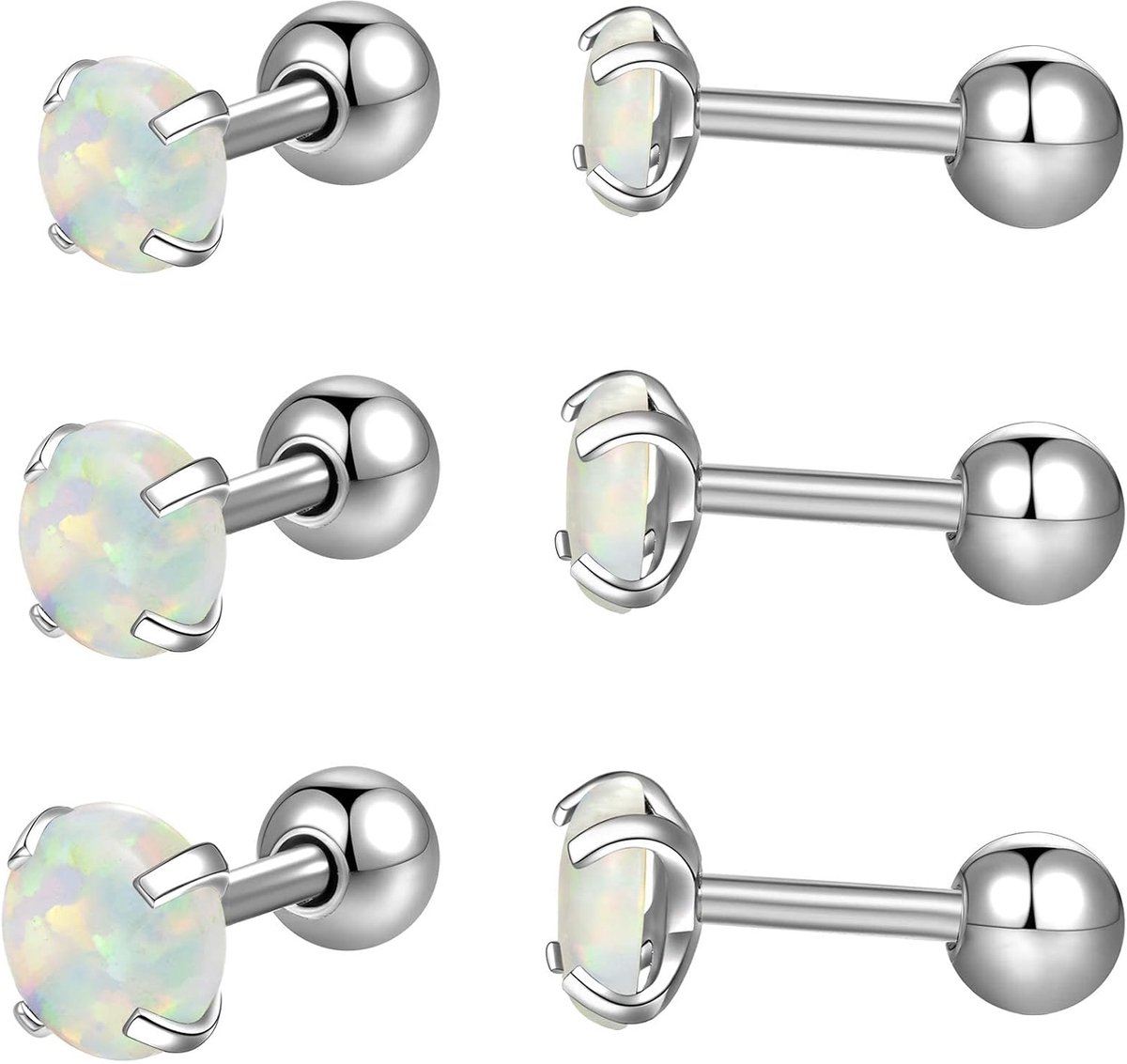 16G Helix Piercing 316L Chirurgisch Staal Echte Opaal Kraakbeen Oorbellen Studs Conch Piercing Oorbel Meerdere Gaten 5 stks/3 paar Set 3mm 4mm 5mm, Roestvrij staal