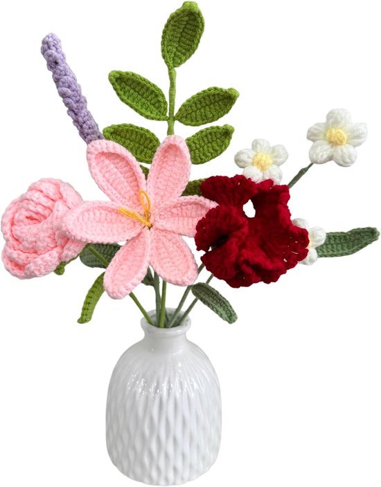 Bloemboeket, gehaakte bloem boeket al gemaakt, gehaakte lelies rozen plant gemengd kantoordecoratie bruiloft keuken boeket cadeau voor mama (6, gemengde kleur 1)