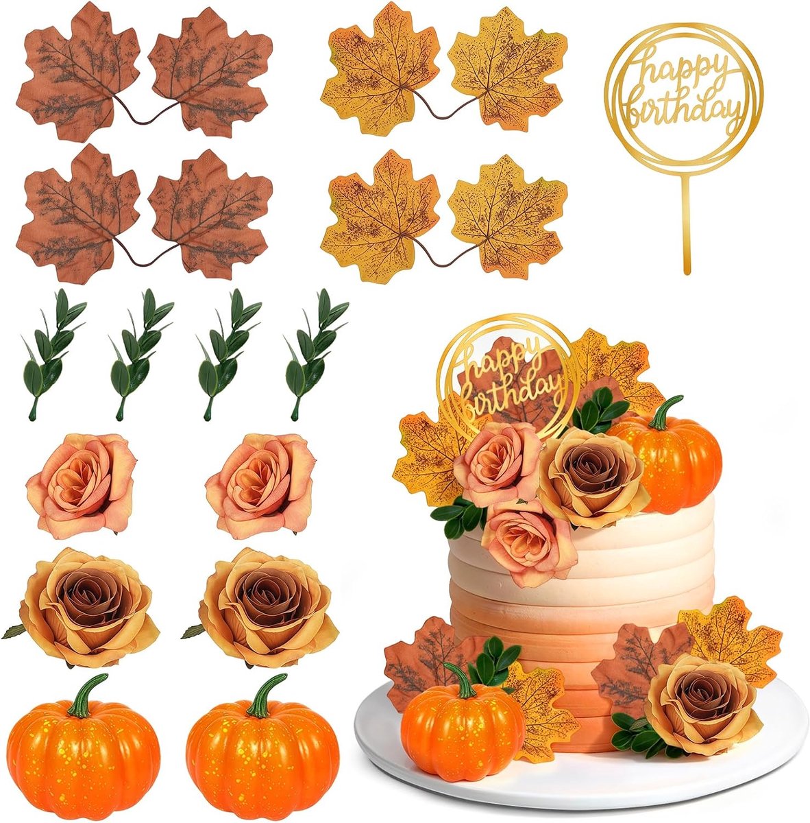 Taartdecoratie voor de herfst, 15 stuks, taartdecoratie voor verjaardag, esdoornblad, bloemen, pompoen, Happy Birthday taarttopper voor verjaardagsfeestje