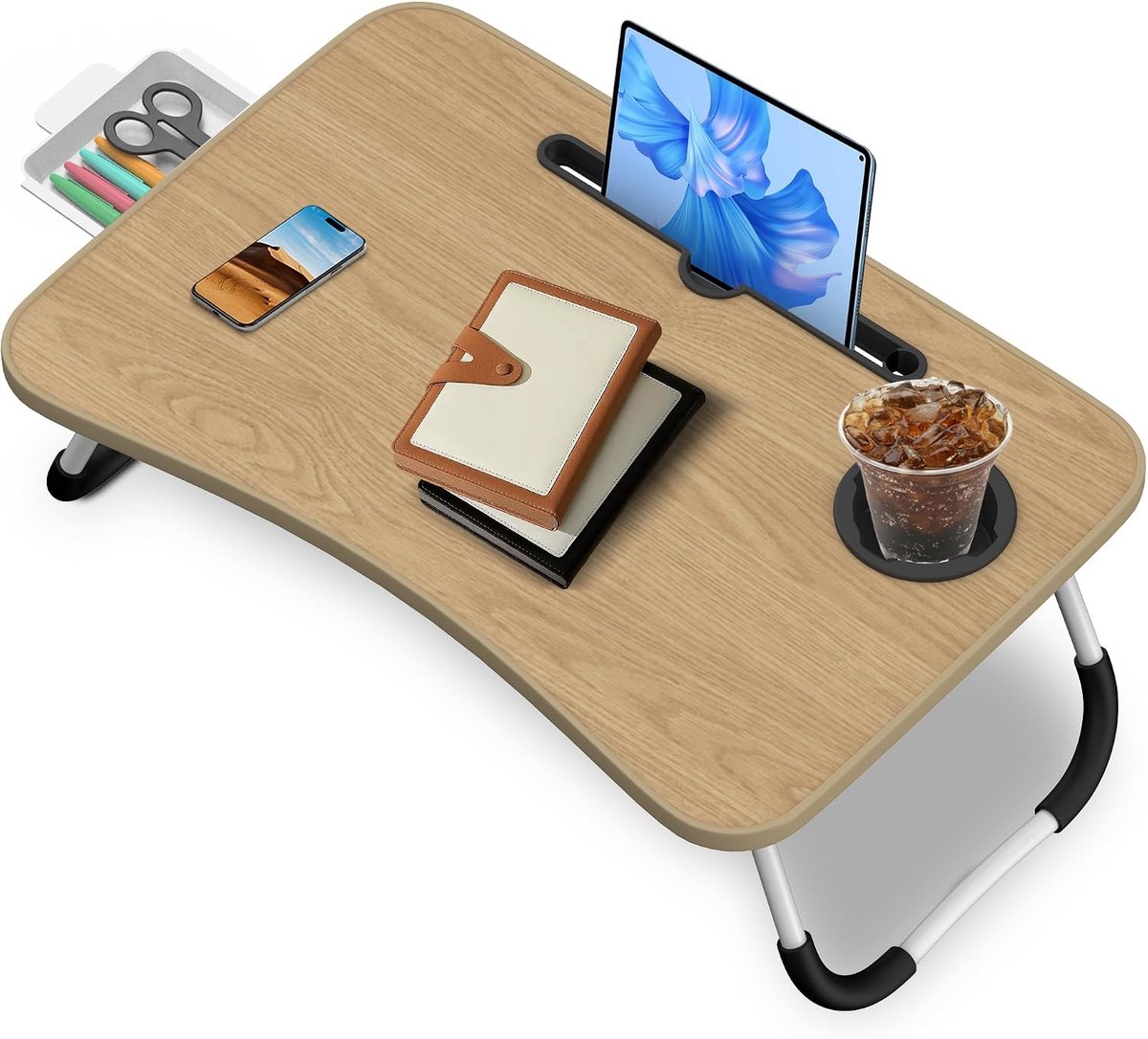 Laptoptafel, 60 x 40 x 28 cm, laptoptafel met tablethouder, lade, drankhouder, bedtafel, inklapbaar, voor bed en bank, vloer, beddienblad, draagbaar (houtkleur)