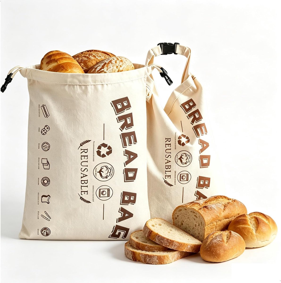 broodzak, bijenwaszak voor brood, herbruikbare broodzak, geschikt voor professionals die hun lunch meenemen, evenals hobbybakkers, crèmekleurig, wit, 2 stuks