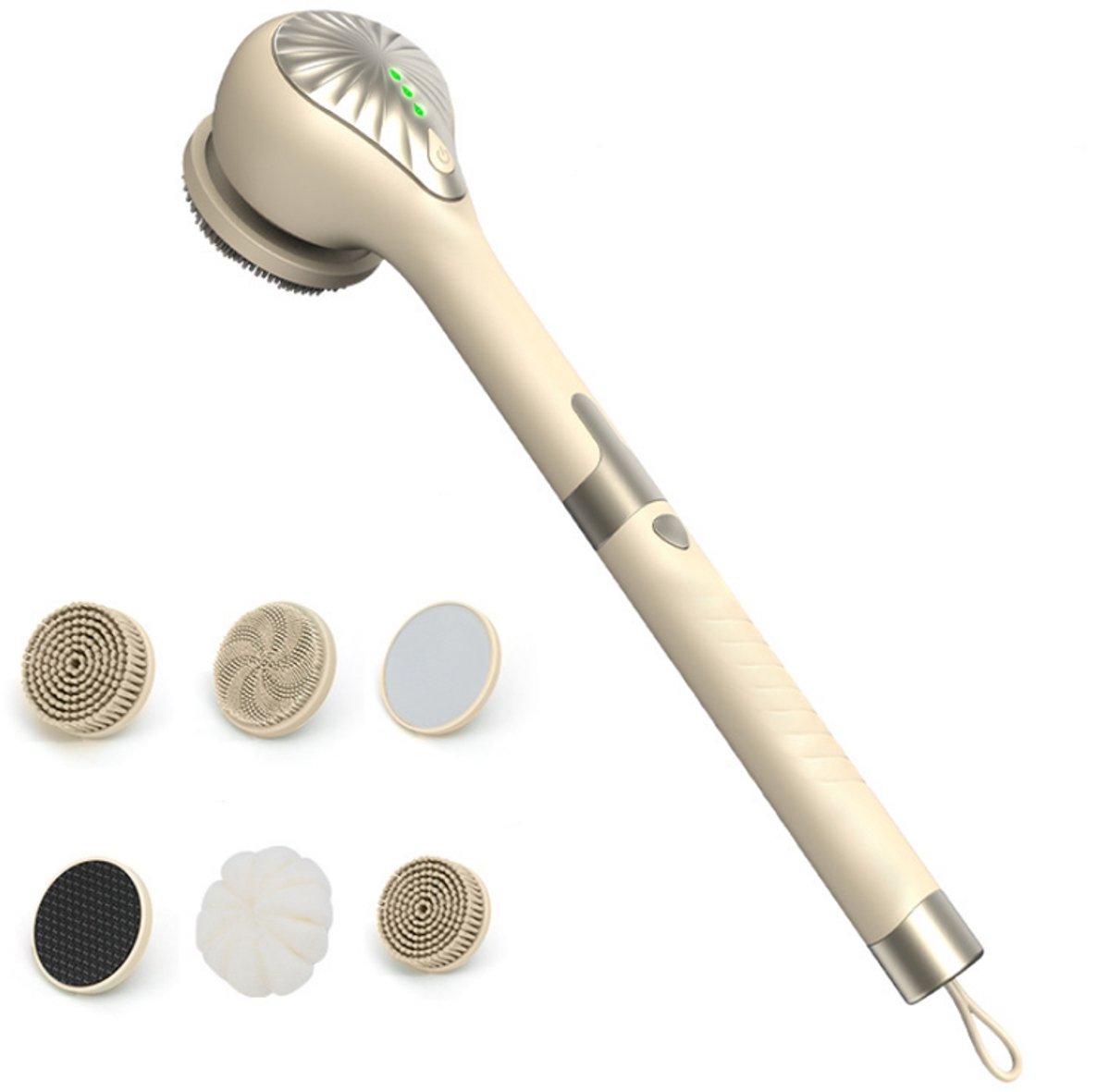 Elektrische doucheborstel voor thuisgebruik, multifunctionele badborstel met 6 verwisselbare borstelkoppen, IP67 waterdicht, oplaadbare lichaamsborstel voor rugreiniging, peeling en massage（abrikoos）