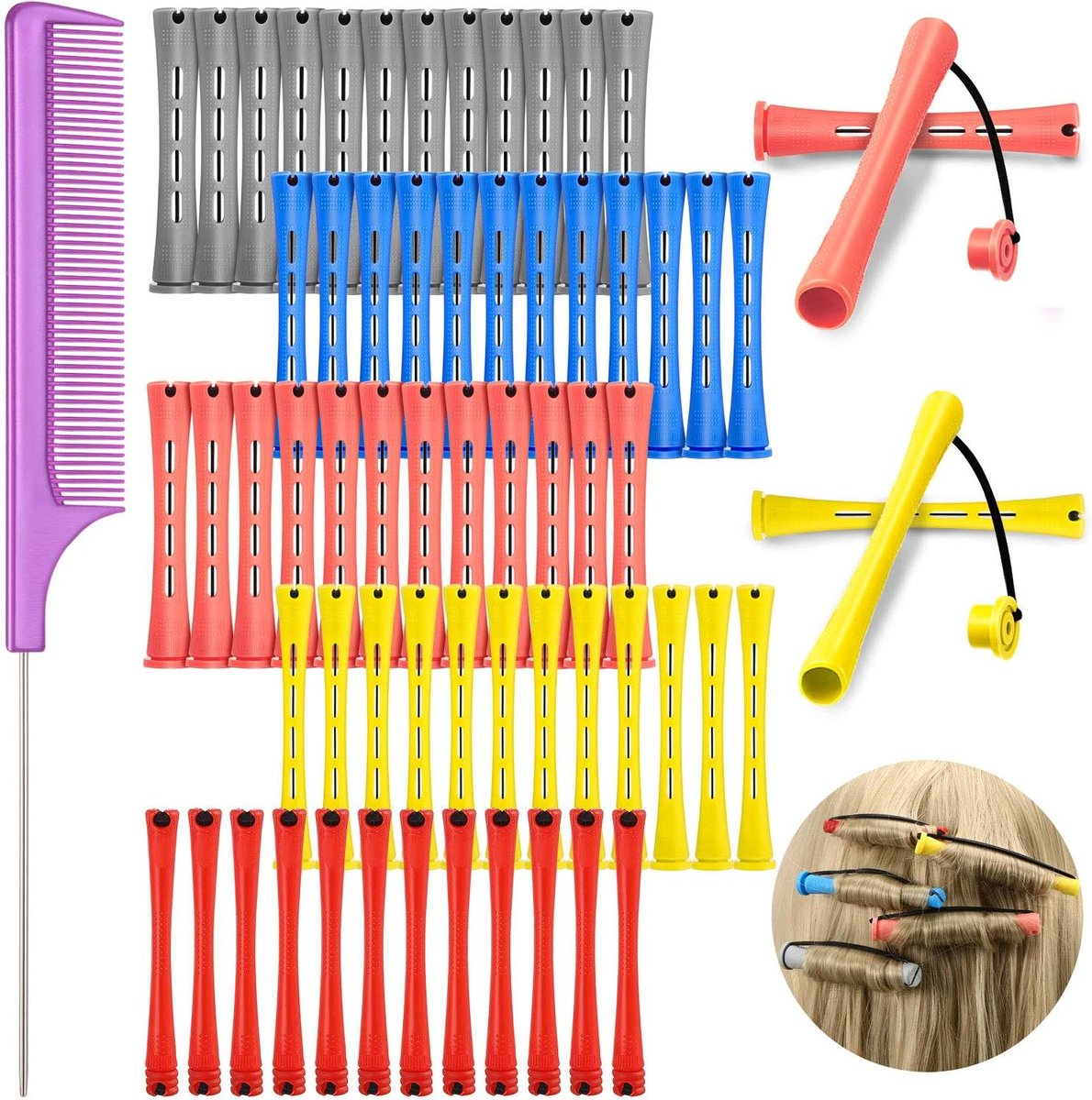 Set van 60 plastic permanentiestaven, koudgolfstaven met 5 maten, krulrollers, rattenstaartkam en roestvrijstalen pintailkam voor dames en meisjes