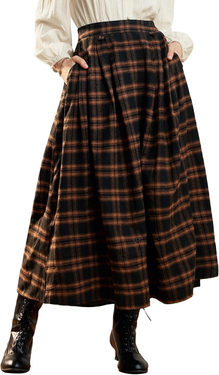 Darkness Geruite rok voor dames, hoge taille, maxi-rok met zakken