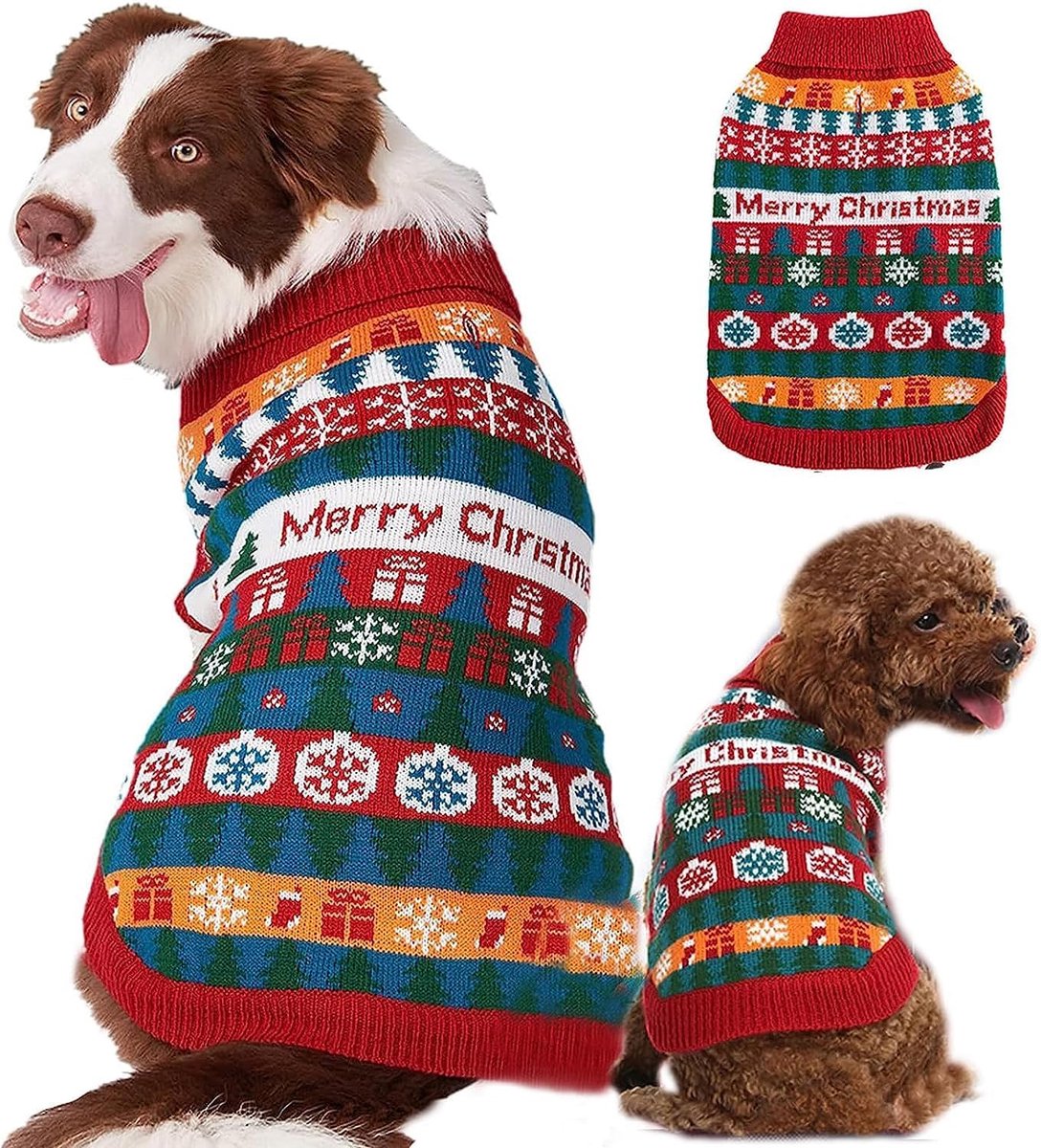 Kersttrui, kerstjas voor honden en katten, zachte gebreide trui voor winterse hondenjas, sneeuwvlok kerstoutfit kleding voor kleine, middelgrote en grote honden - rood, XL