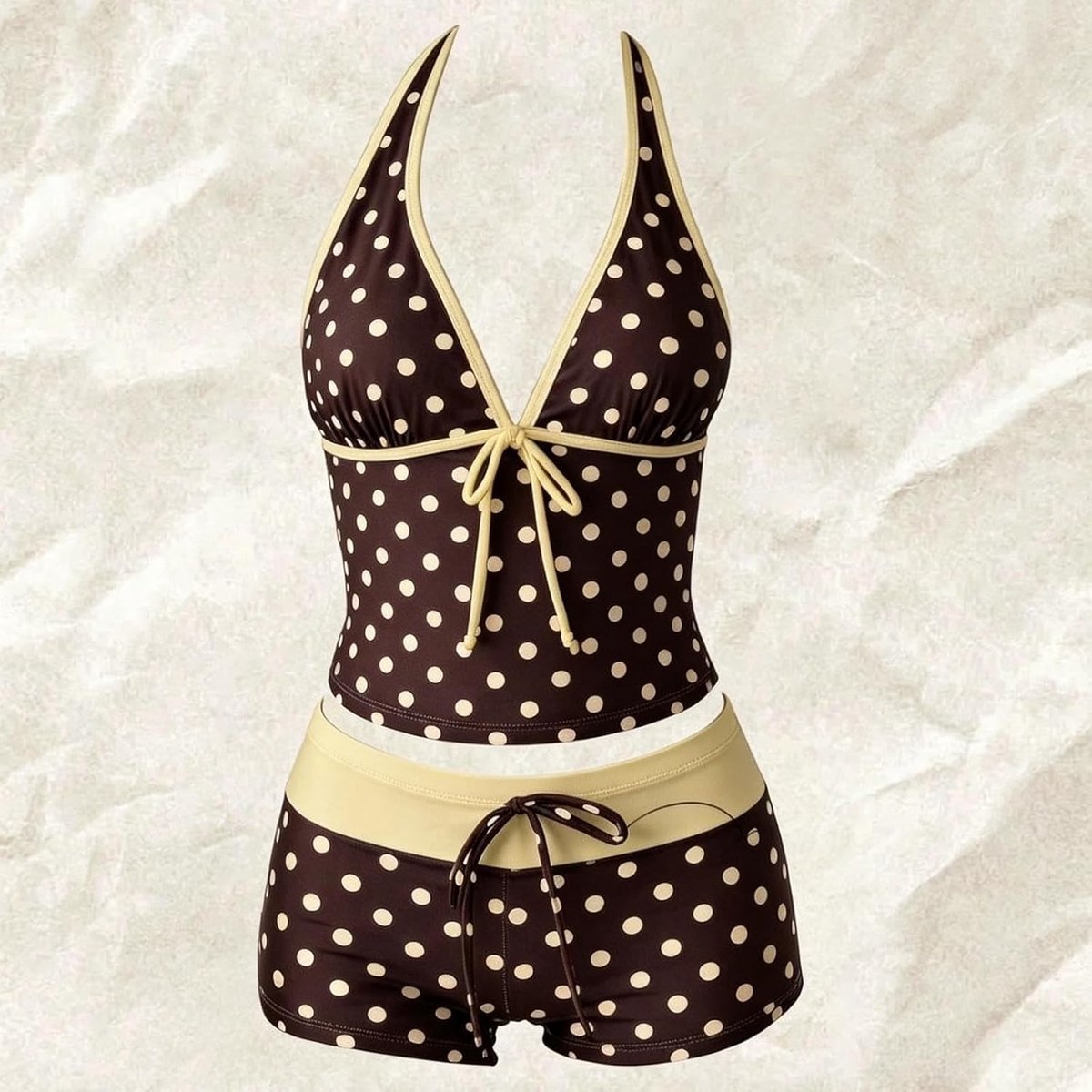 Polka-bikini, tweedelig badpak met aan de zijkant gebonden, hoog uitgesneden broekje, push-up bovenstuk