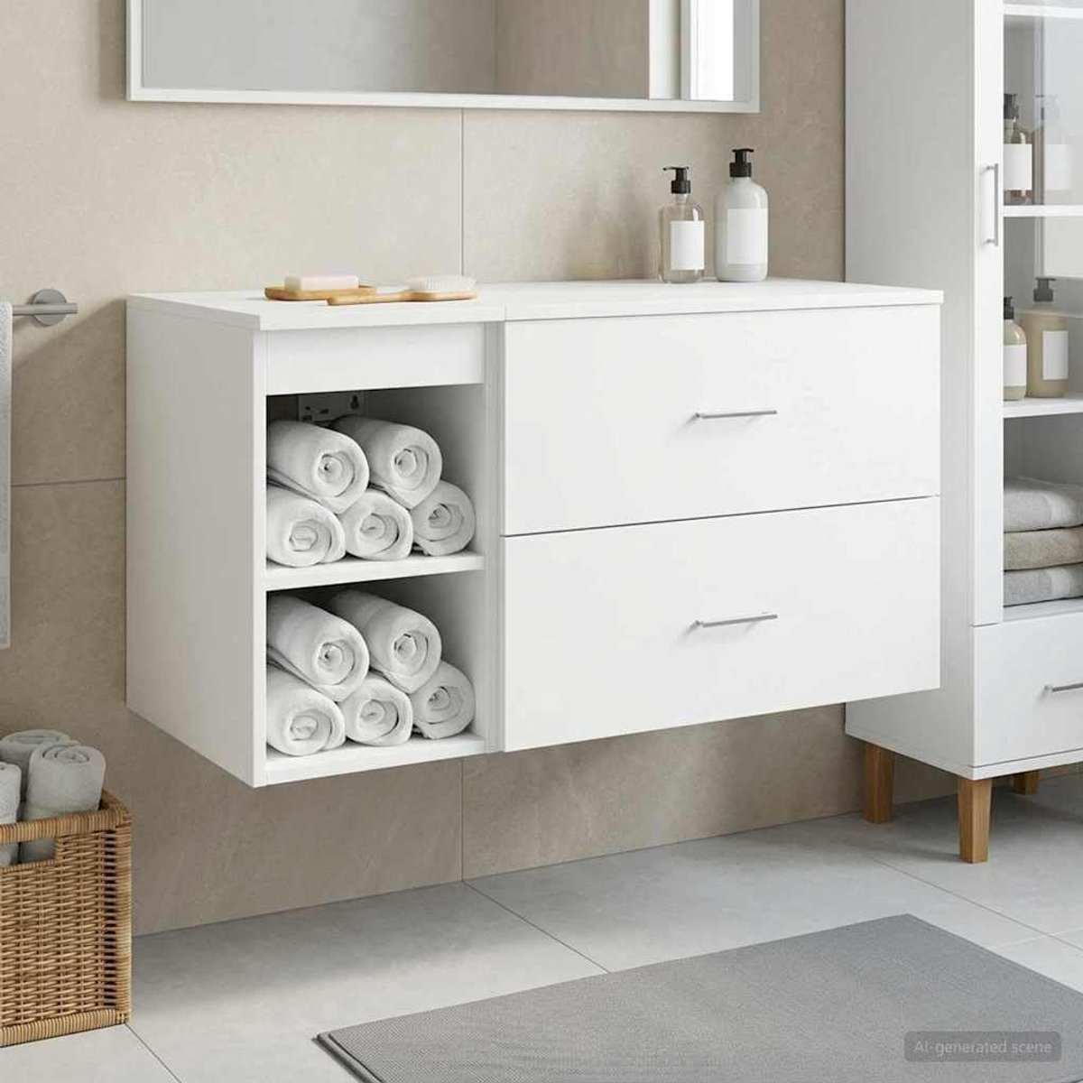 Badkamermeubelset 2 stuks wit houtmateriaal wandkast met zilveren