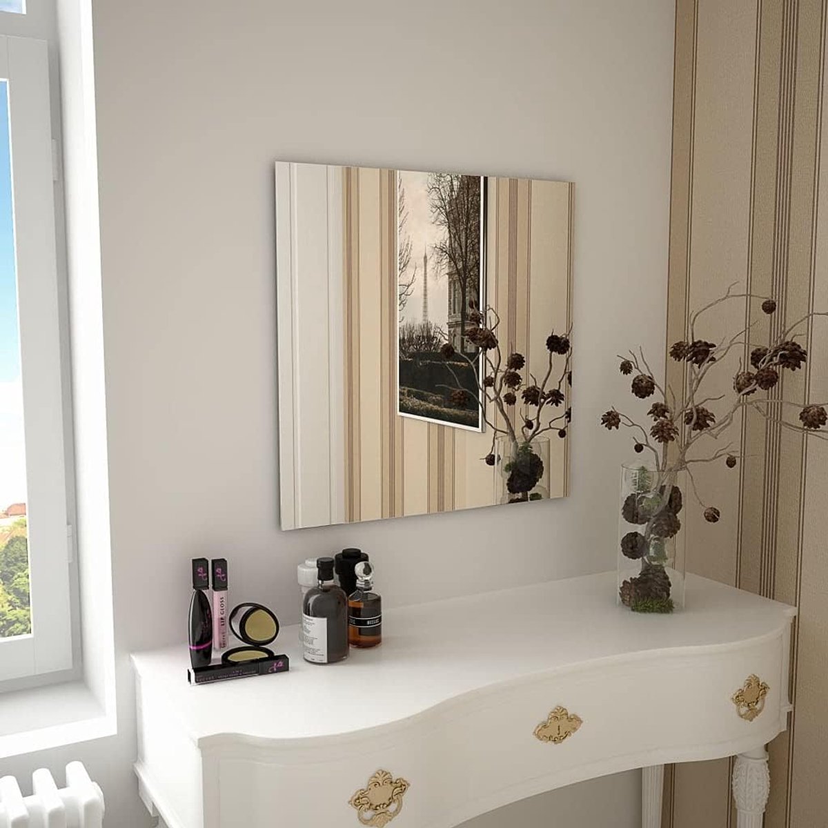 Moderne wandspiegel van glas, moderne wandspiegel, badkamerspiegel aan de muur, moderne make-upspiegel, ronde Pretspiegel, rechthoekig, frameloze spiegel