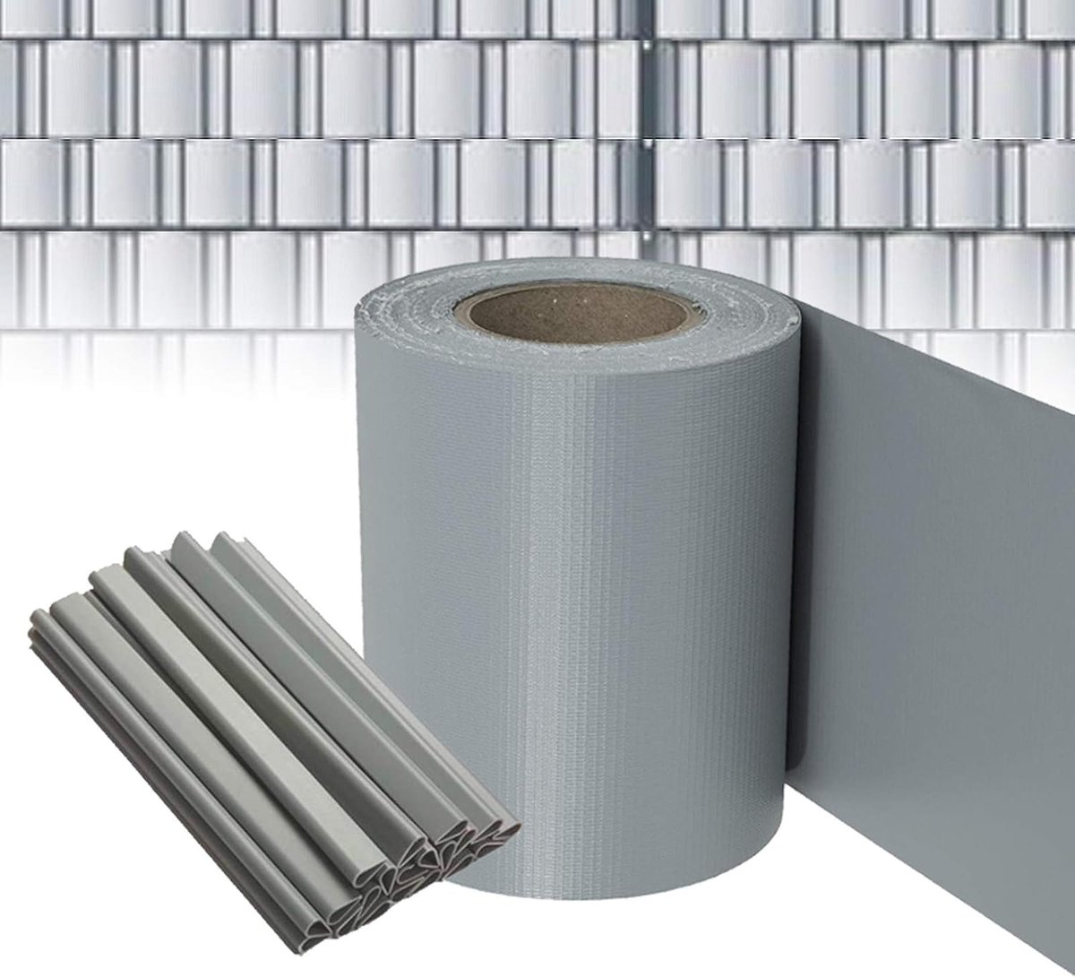 PVC Privacy Stroken Schutting Privacy Scherm Incl. 80 Bevestigingsclips voor Enkele en Dubbele Staafmatten Weer- en Winddichte Privacyfolie voor Tuinafscheiding Balkon (140M x 19CM, Lichtgrijs)