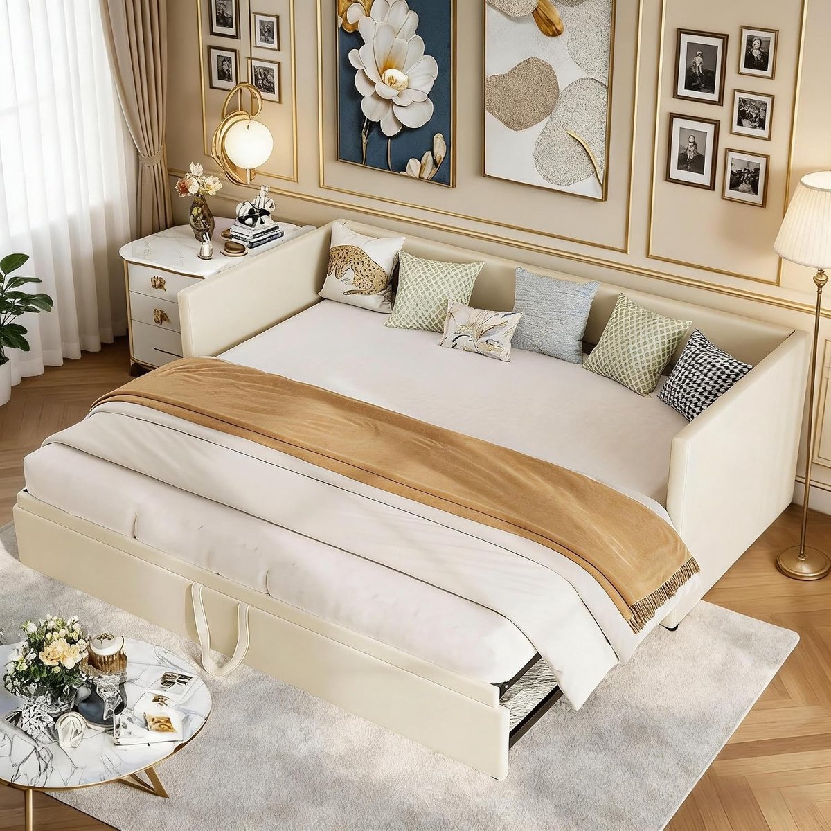 Uittrekbaar, 90/180 x 200 cm, dagbed met logeerbed, tweepersoonsbed, fluweel, multifunctioneel bed met lattenbodem, 2-zits voor volwassenen, 2 personen, zonder matras, beige