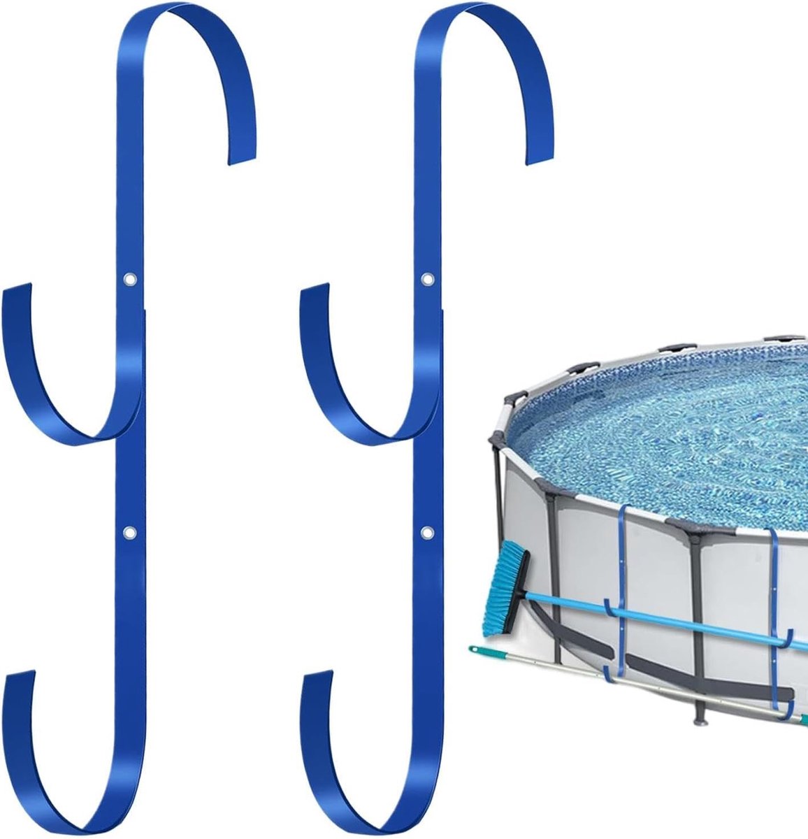 Haak voor gereedschap voor zwembad, organizer van metaal, set met 2 haken voor schepnet, borstel, net, slang, stofzuiger, tuin, binnenplaats, muur, leuning