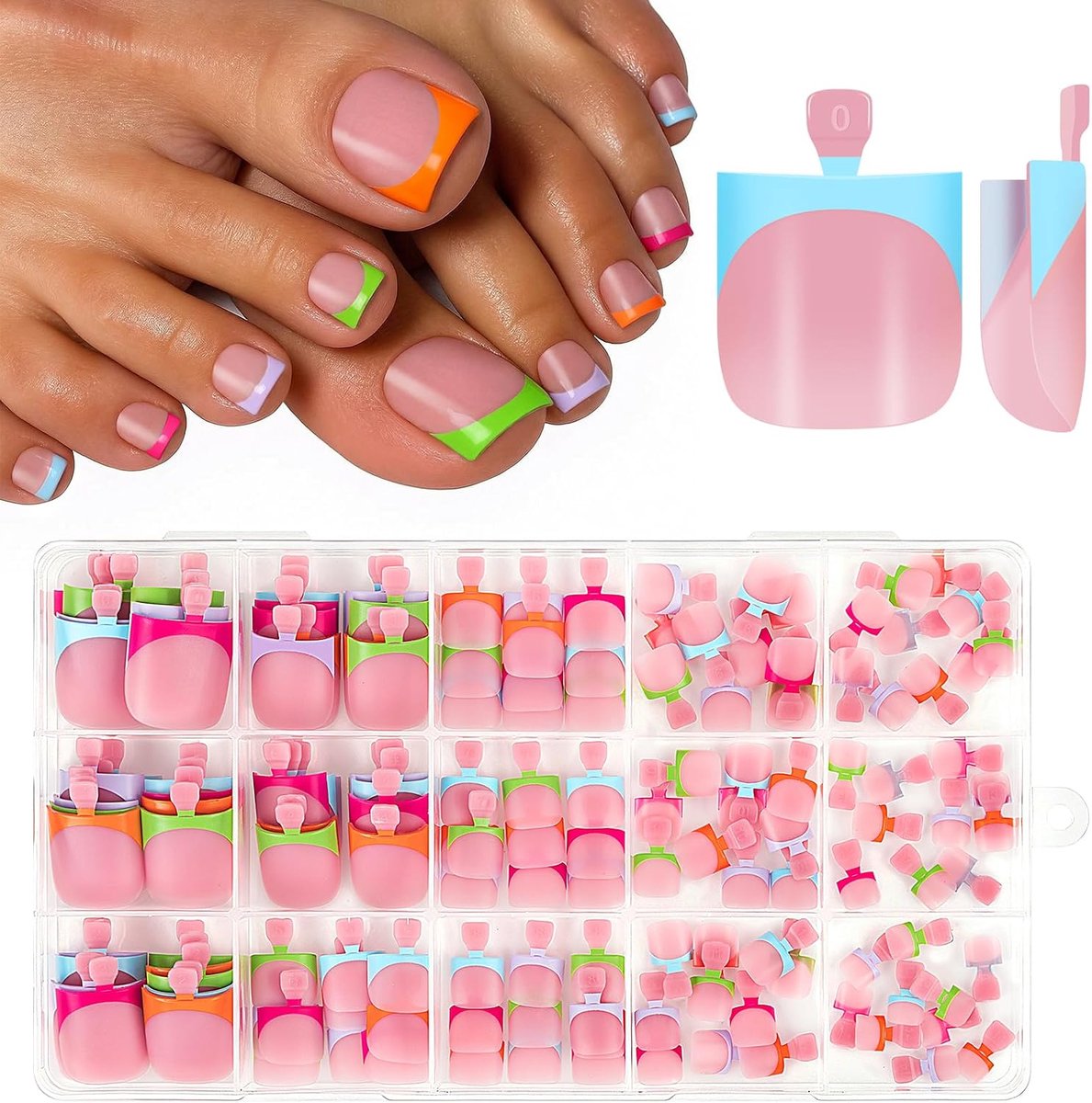 150 Stuks Franse Teennagels om op te Plakken, 15 Maten Press-on Voetnagels, Franse Korte Kunstnagels, Franse Korte Vierkante Teennagels, Volledige Dekking, voor Vrouwen