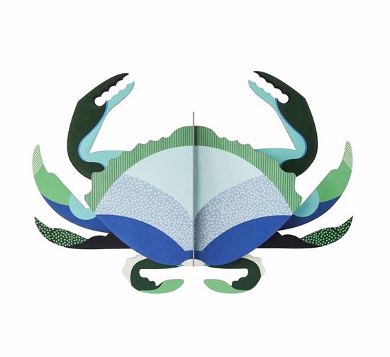 Krab decoratie met blauwe, groene en lichtblauwe tinten. Met gestreepte en gestippelde patronen.