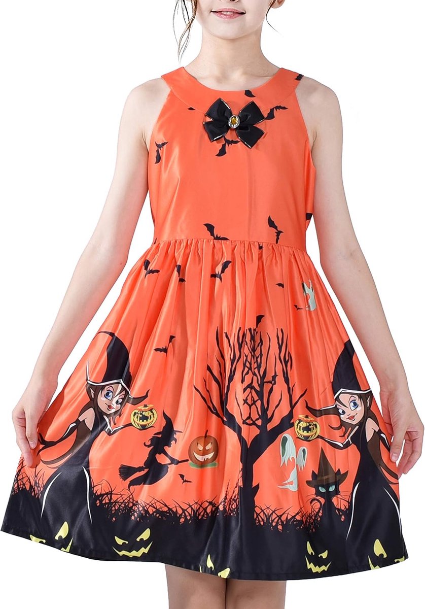 Jurk Halloween Heks Knuppel Pompoen Kostuum Halster 7-14 jaar