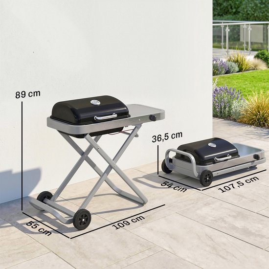 Draagbare gasbarbecue-1 brander-2,5 kW-barbecuewagen met inklapbaar onderstel-grillrooster-bijzettafel-deksel-thermometer — afbeelding 5