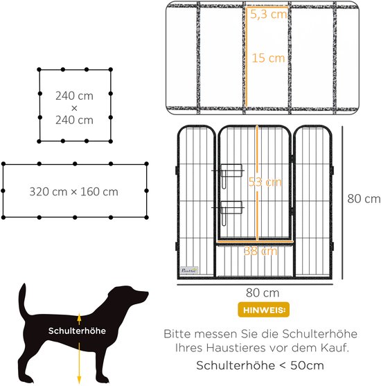 Schema met afmetingen van een dierenren van 80 cm hoog, met maten in cm, en illustratie van een hond.