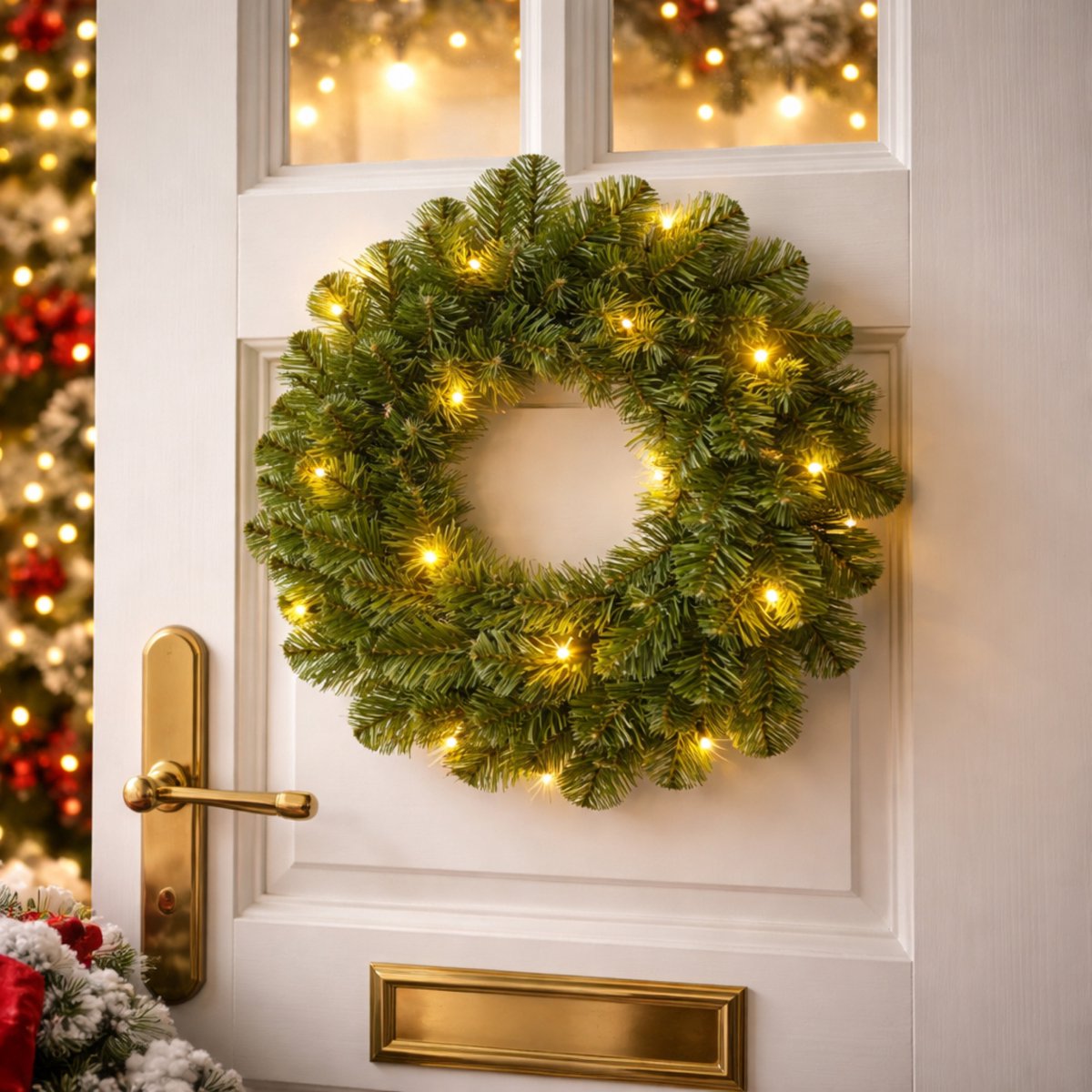 Black Box Kerstkrans - D35 cm - met LED verlichting - 10 lampjes - warm wit - batterijen - deurkrans