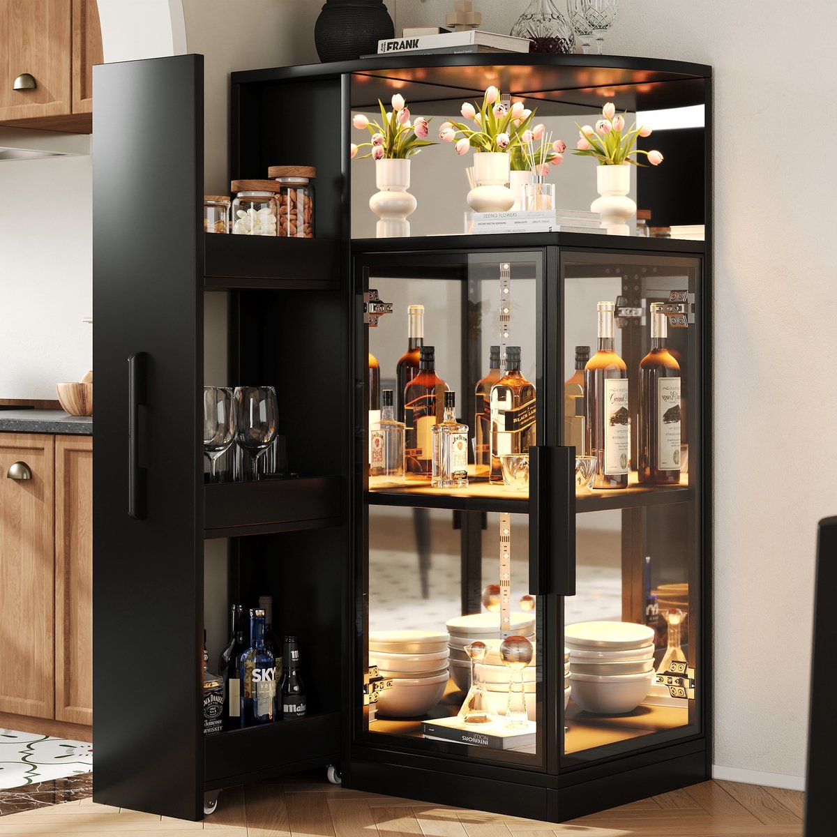 PHOEBE CAT Wijnkast - Dressoir - Vitrinekast - LED-verlichting - Glazen deuren - Spiegelende achterwand - 64 × 42 × 112 cm - Zwart