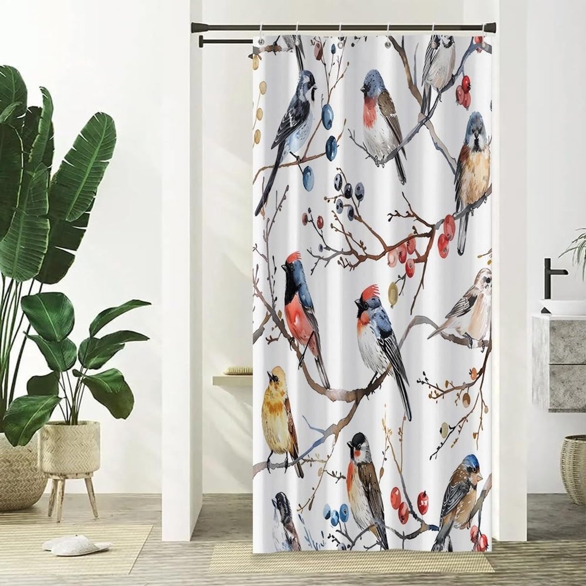 Vogel Douchegordijn Vogels Tak Tak Bruin Bomen Olieverf Badkamer Gordijn Aquarel Vogelboom Douchegordijn Waterdichte Doek Stof Badkamer Decor Set met Haken 90x180cm