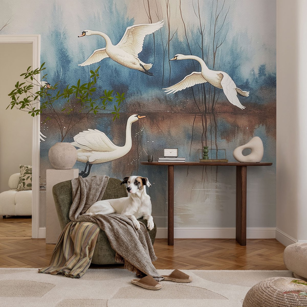 Coloray Vliesbehang - Wit Snellijm Behang - 104x70 cm - Vogels In Vlucht Fotobehang Vlies - Woonkamer behang Dieren - Muurschildering - Hal behang
