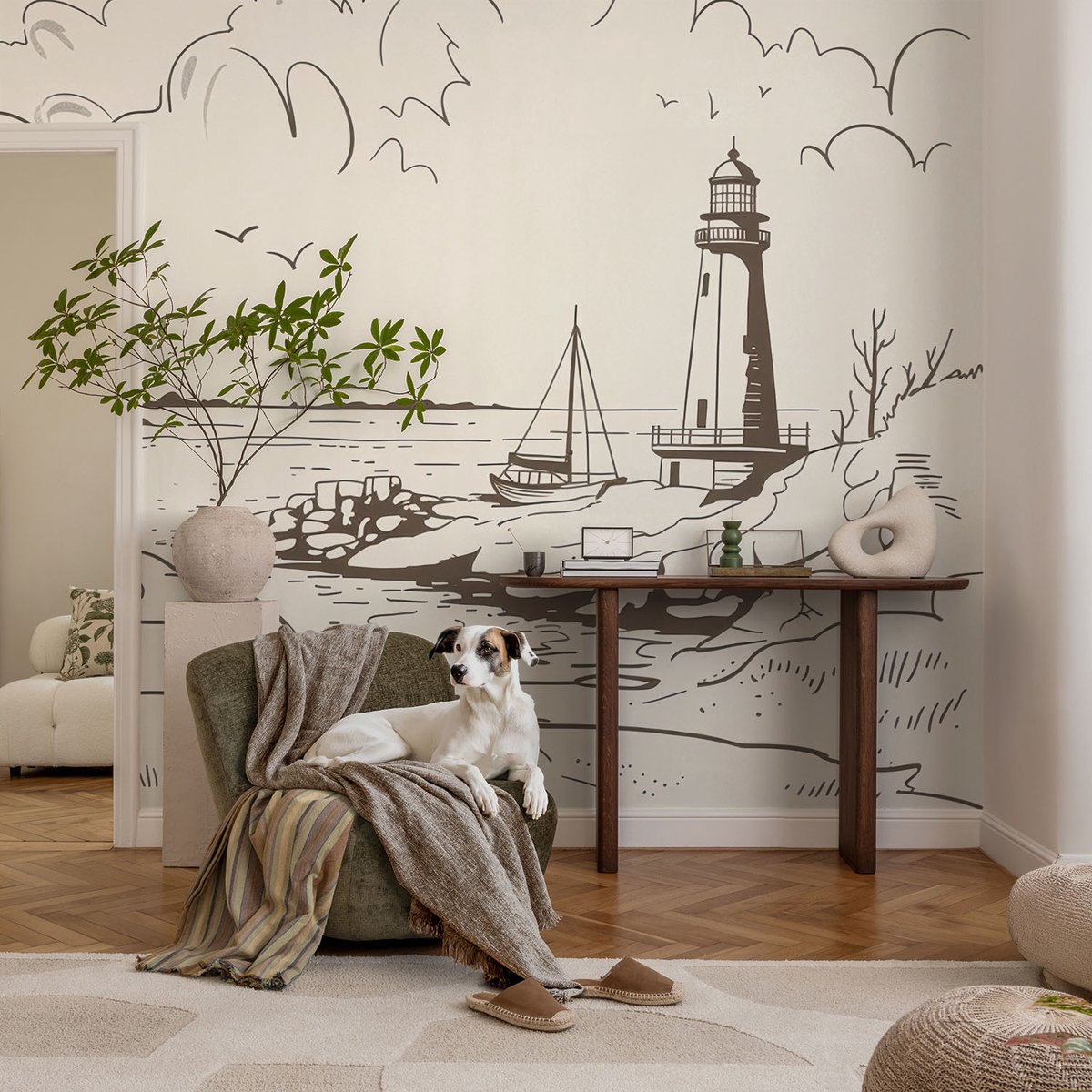 Coloray Vliesbehang - Beige Snellijm Behang - 104x70 cm - Kustlandschap Fotobehang Vlies - Woonkamer behang Landschappen - Muurschildering - Woonkamer behang