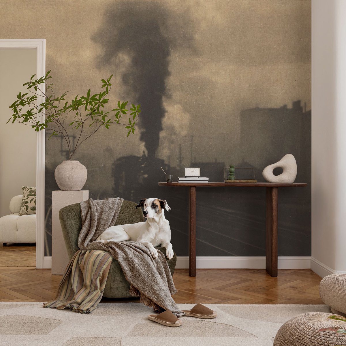 Coloray Vliesbehang - Geel Snellijm Behang - 104x70 cm - Industrielandschap Muurschildering - Gang behang Architectuur - Fotobehang Vlies - Slaapkamer behang