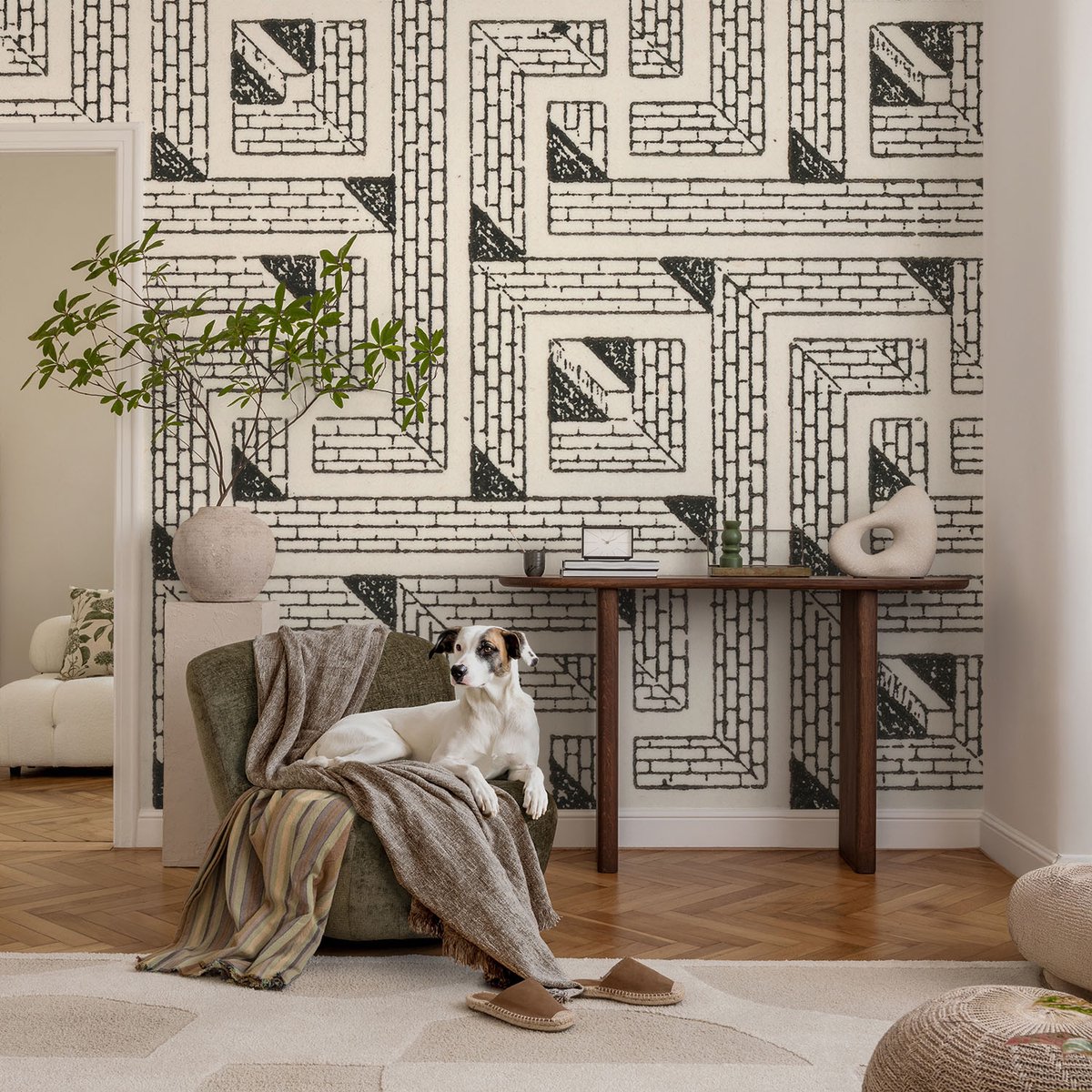Coloray Vliesbehang - Zwart-Wit Snellijm Behang - 104x70 cm - Bakstenen Doolhof Muurschildering - Gang behang Geometrie - Fotobehang Vlies - Gang behang