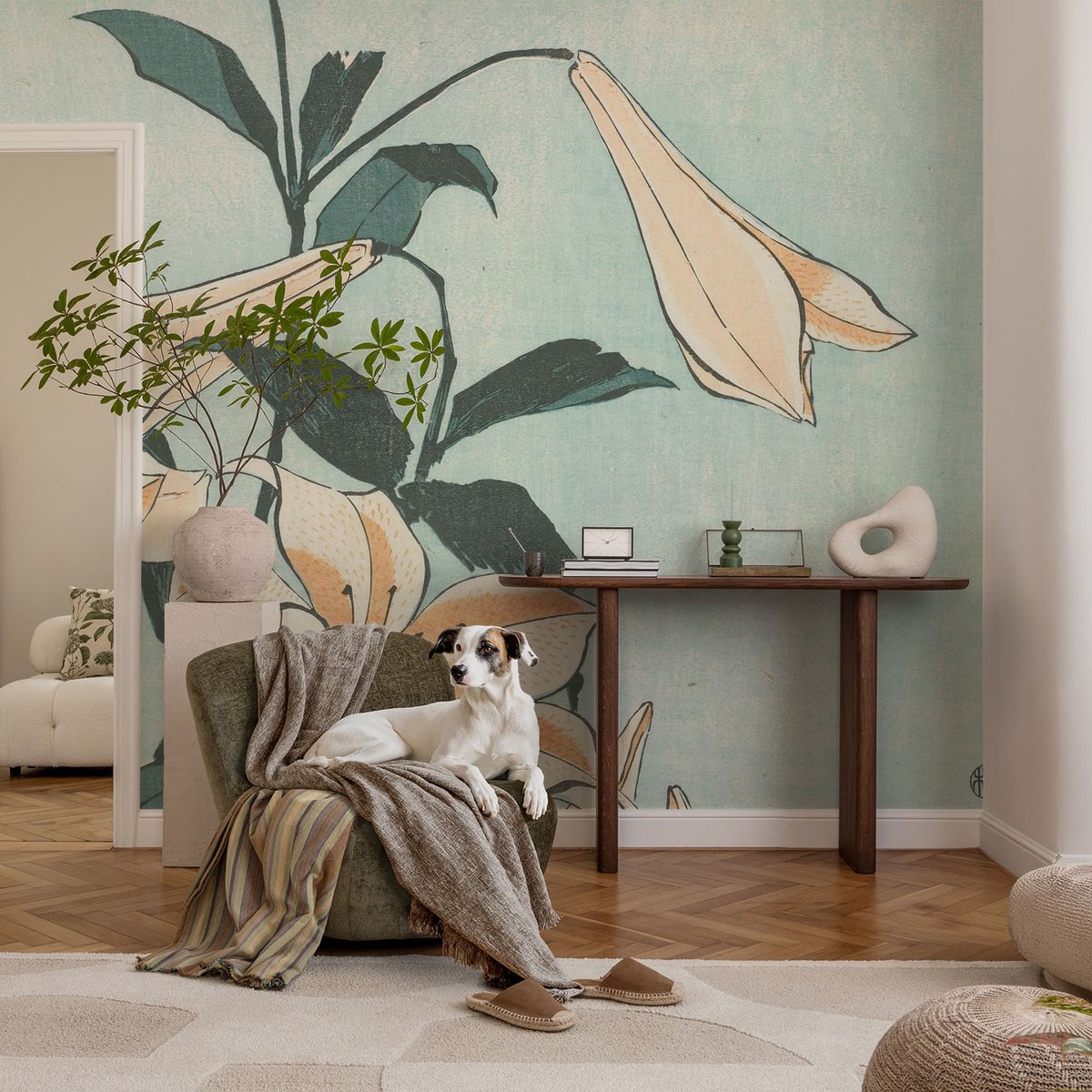 Coloray Vliesbehang - Zwart Snellijm Behang - 104x70 cm - Delicate Lelies Fotobehang Vlies - Hal behang Bloemen En Planten - Muurschildering - Woonkamer behang