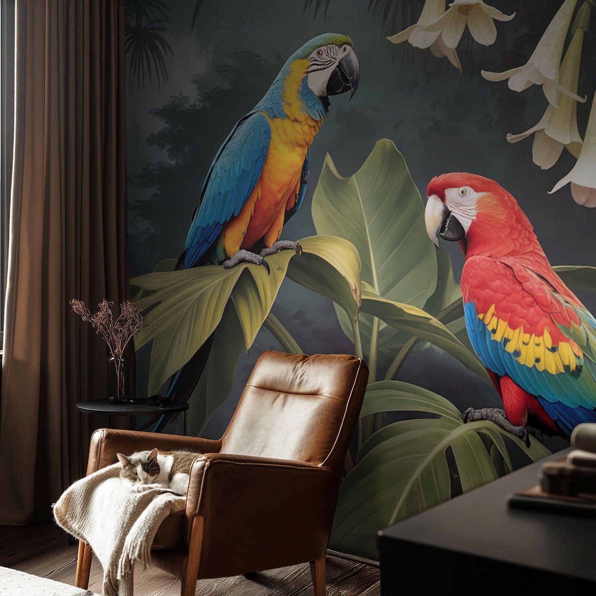 Coloray Vliesbehang - Zwart Snellijm Behang - 104x70 cm - Kleurrijke Papegaaien Fotobehang Vlies - Hal behang Dieren - Muurschildering - Hal behang