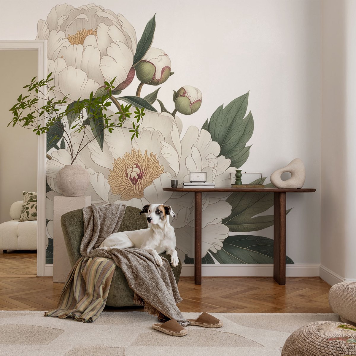 Coloray Vliesbehang - Wit Snellijm Behang - 104x70 cm - Witte Pioenrozen Fotobehang Vlies - Woonkamer behang Bloemen En Planten - Muurschildering - Woonkamer behang
