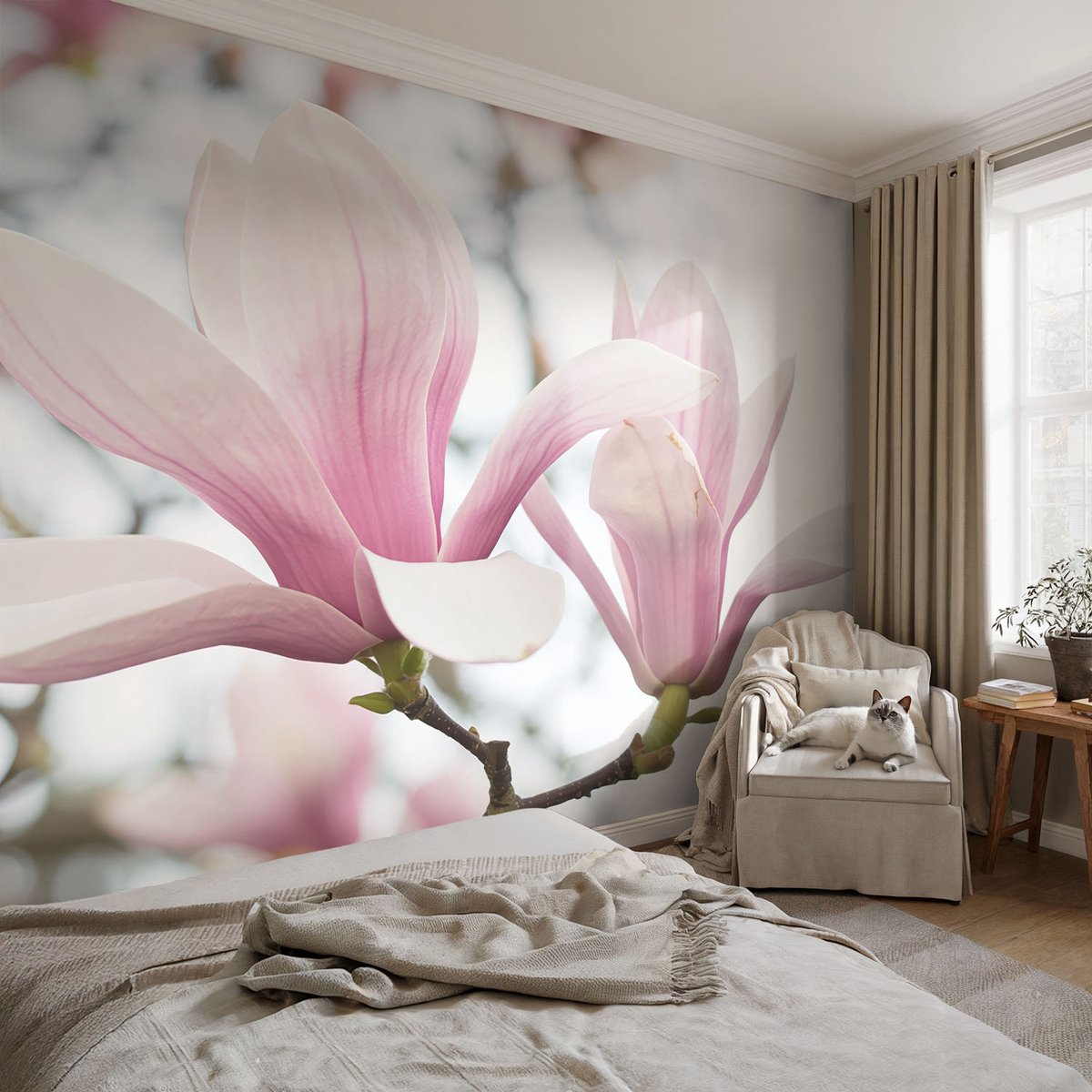 Coloray Vliesbehang - Roze Snellijm Behang - 104x70 cm - Magnolia Bloemen Fotobehang Vlies - Woonkamer behang Bloemen En Planten - Muurschildering - Hal behang