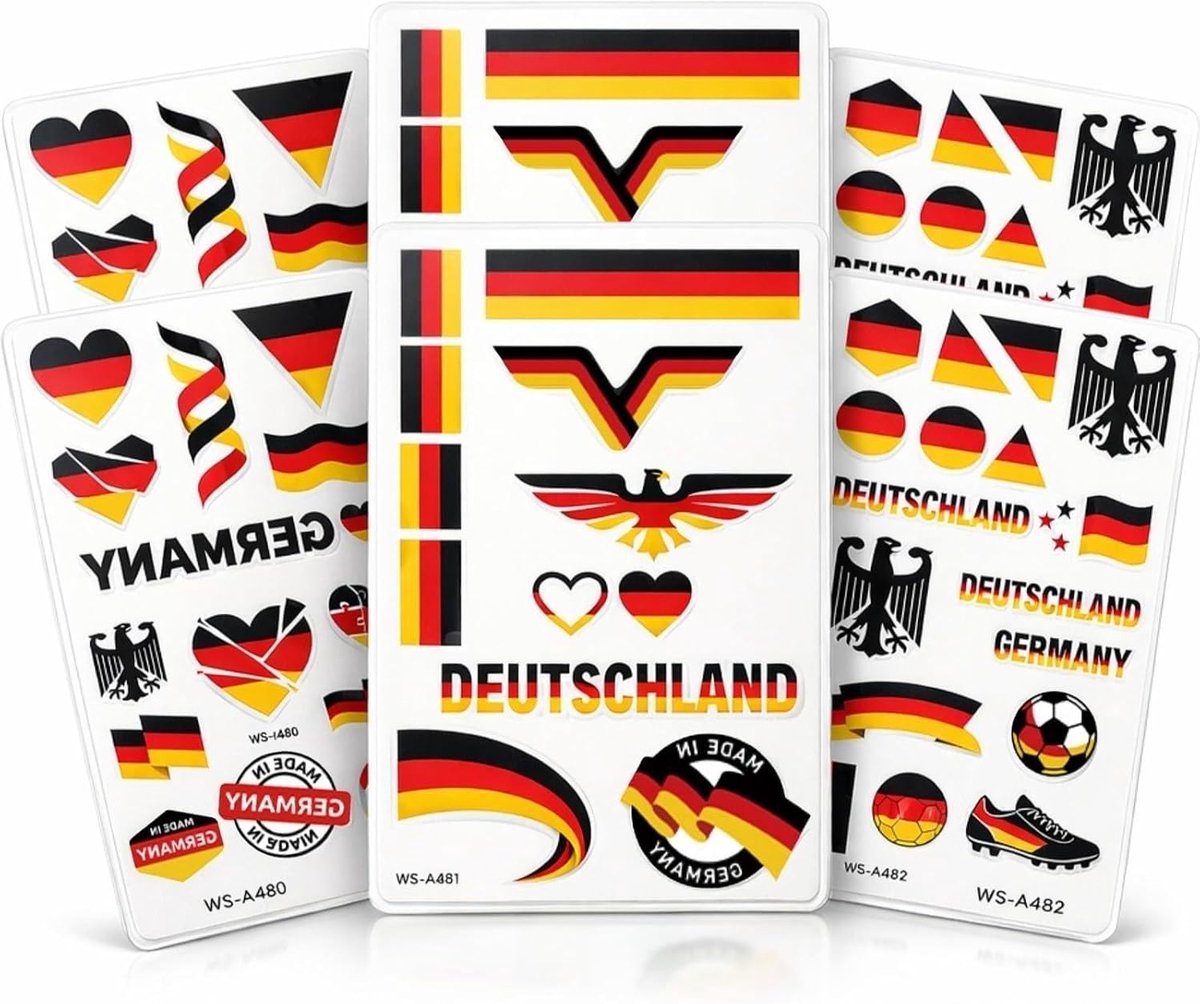 9 vellen voetbal wereldkampioenschap 2026 Duitsland, stickers tijdelijke tatoeage, fanartikel, Duitse decoratie, perfect voor WK voetbal 2026 feesten met ontwerpen zoals de nationale vlag