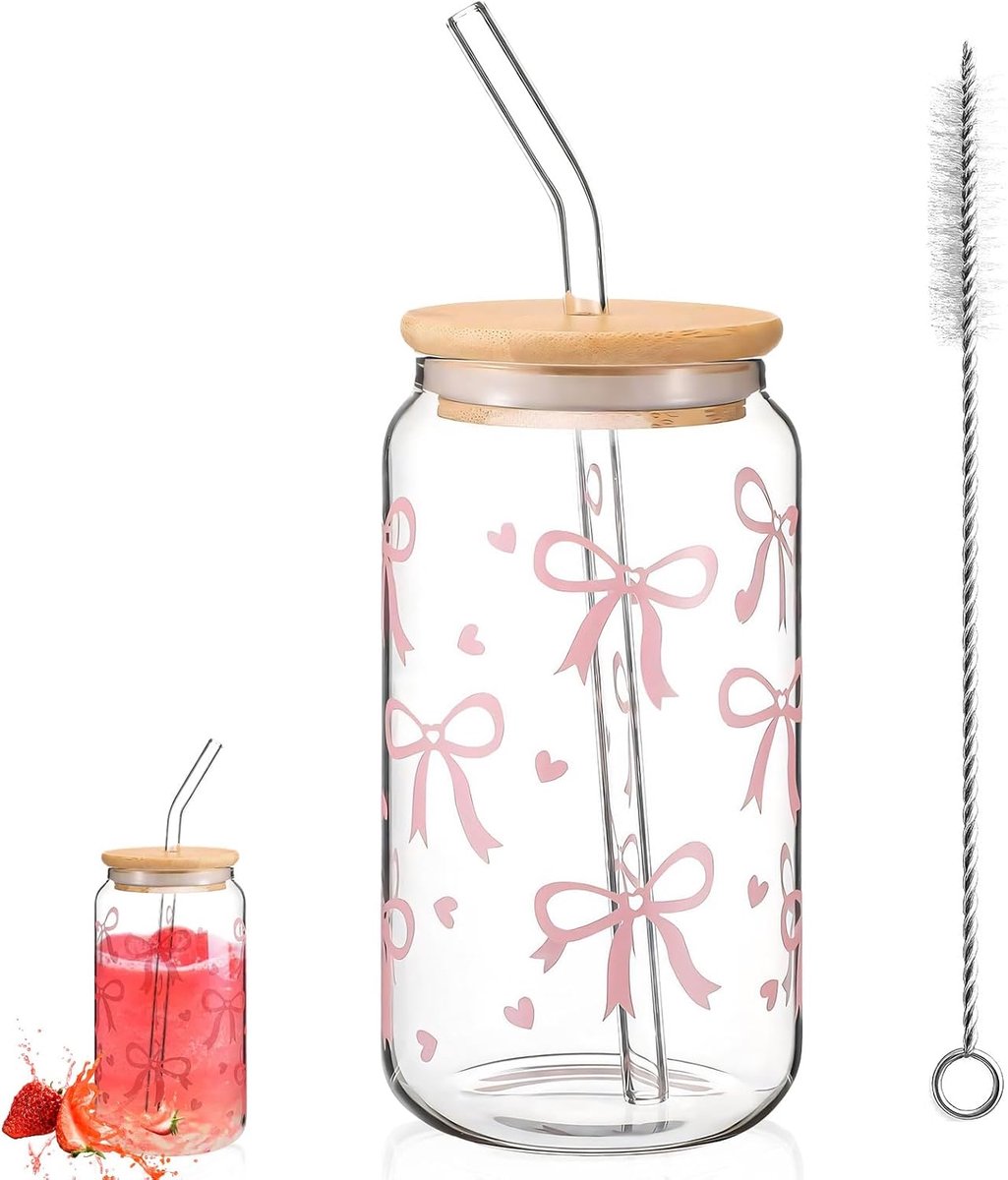 Drinkpotten, 16 oz roze glazen beker met strik, veelzijdige en stijlvolle drinkglazen bekers met deksels en rietjes, esthetische geschenken voor vrouwen, meisjes, vrienden
